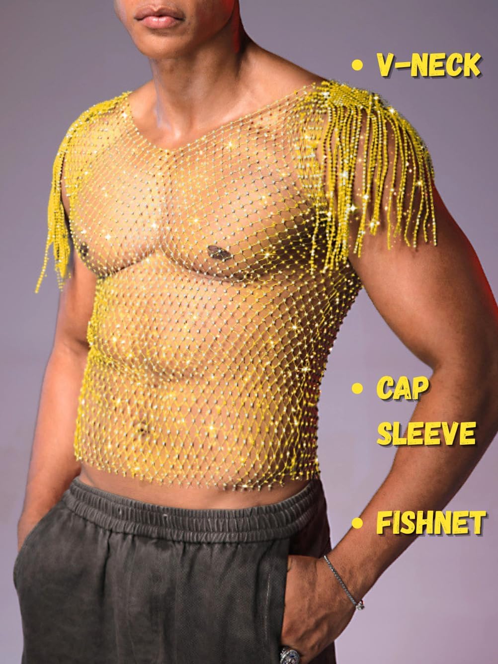 EHSUYAB Men Rhinestone Mesh Tank Top Sparkly Fishnet Shirt Rave Outfits