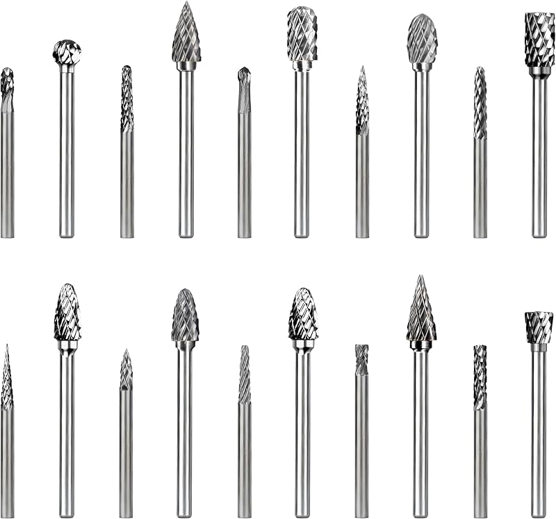 PLATINUMEDGE Juego de fresas de carburo de 20 piezas, brocas rotativas de carburo de tungsteno de doble corte con vástago de 1/8" - Rectificado, tallado, pulido y grabado de metales de alta velocidad para madera, piedra, acero y plástico