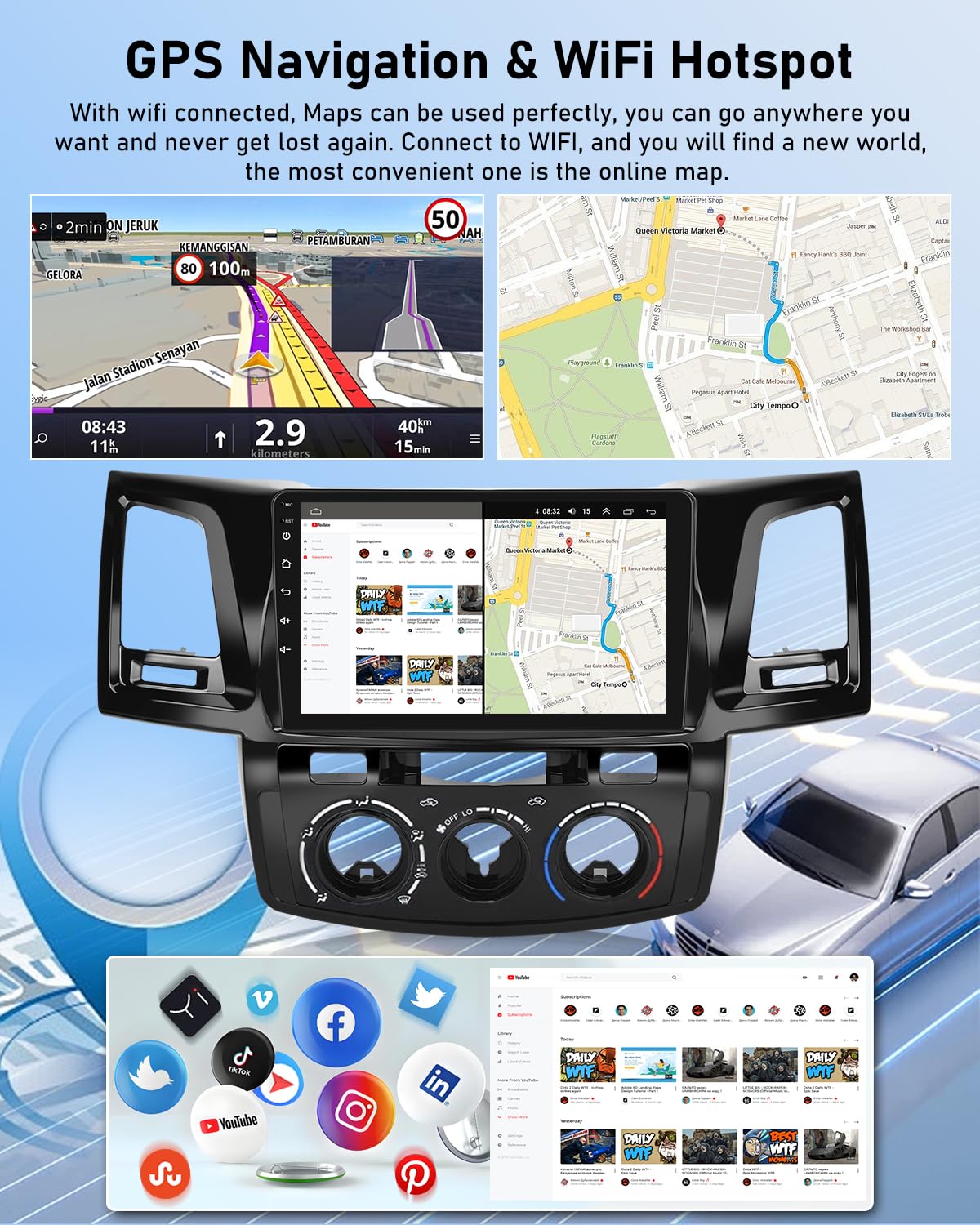 NHOPEEW 2G+64G Android Autoradio per Toyota Hilux 2005-2014 - Senza fili Carplay e Android Auto - 9 pollici Android Stereo con WiFi EQ GPS Mirror Link FM RDS + AHD Telecamera posteriore&Mic