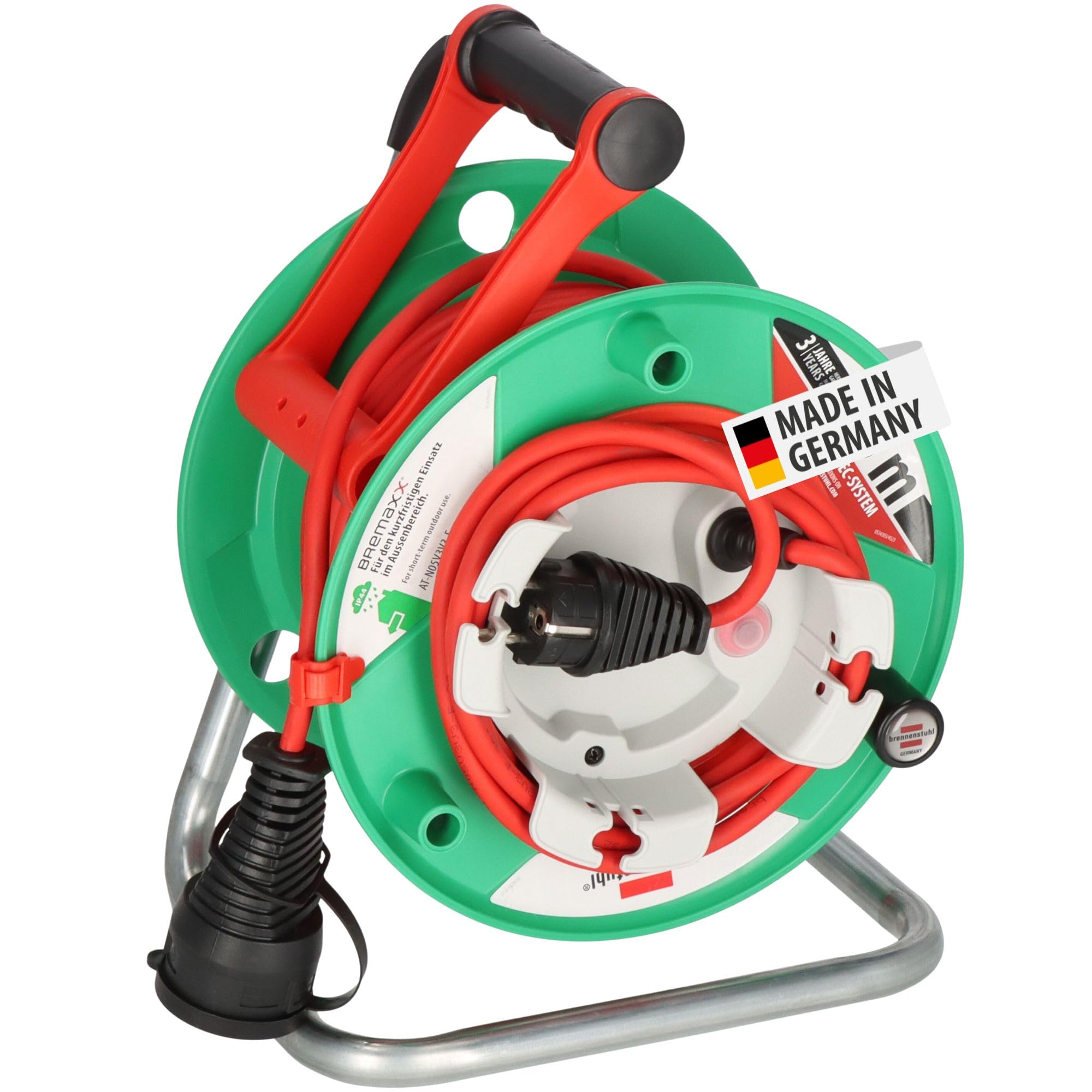 Brennenstuhl Garant G Bretec Enrouleur de câble de jardin, IP44, pour tondeuse à gazon, avec câble de 23 + 2 m, rouge, plastique spécial, utilisation à court terme en extérieur, fabriqué en Allemagne