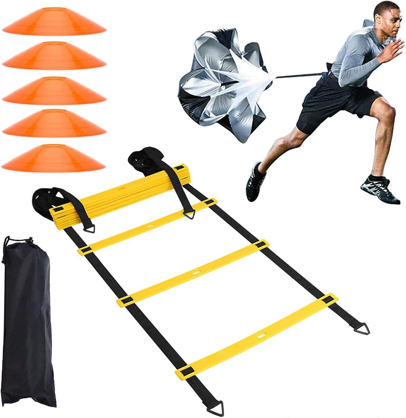Funito Speed Agility Training Kit—Includes Agility Ladder with Carrying Bag, 5 Disc Cones, Resistance Parachute.Use Equipment to Improve Footwork Any Sport.