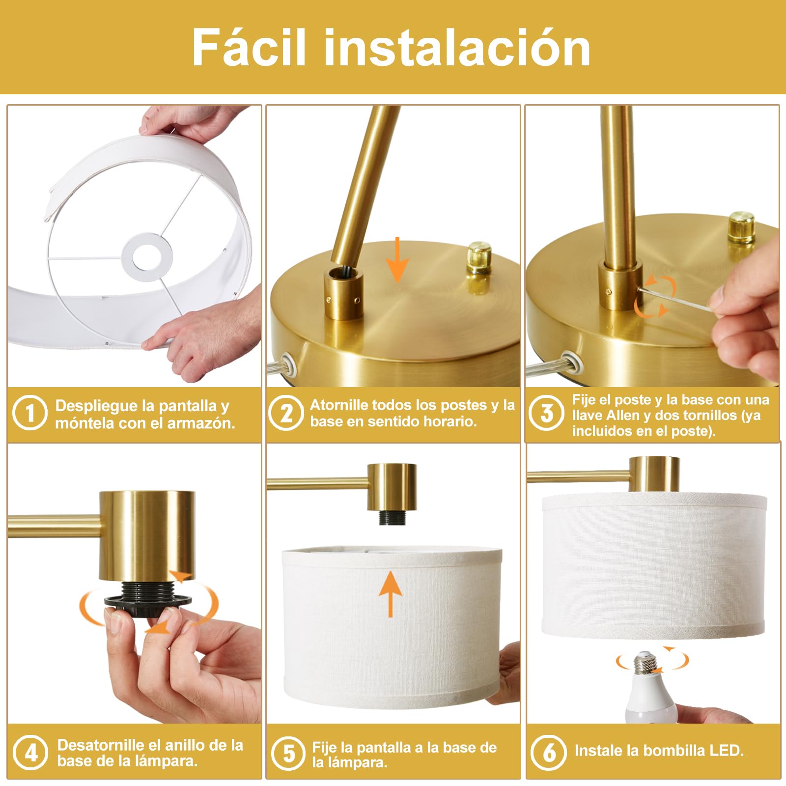 GyroVu Lámpara de mesa para dormitorio, puertos USB C+A, lámpara de mesilla grande, lámpara de mesilla regulable sin escalonamientos con pantalla de lino para salón, lectura y oficina (Dorado)