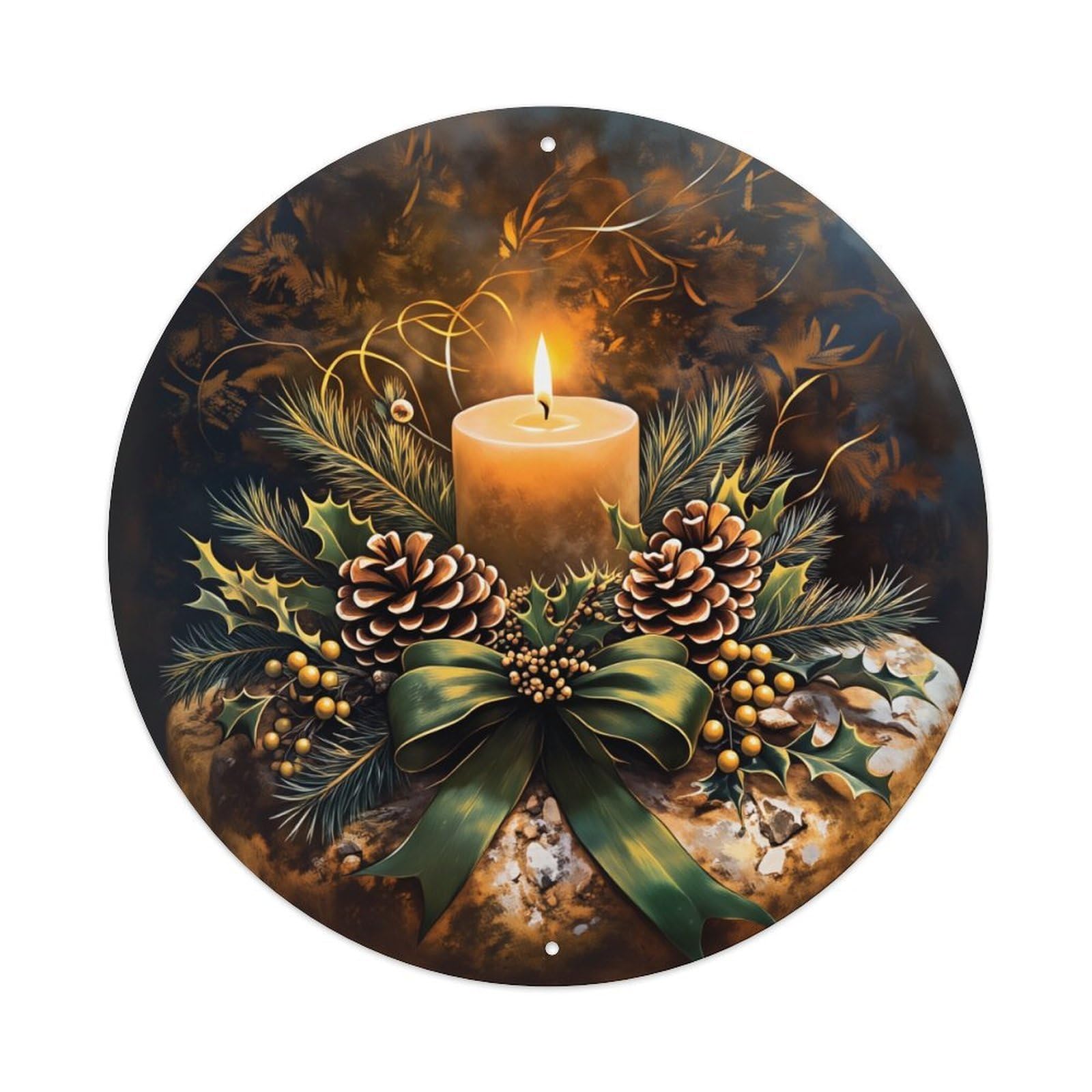 Candle Pinecone Holly Berry Ribbon Round Tin Sign Vintage Metal Poster, Home Bar Garage Man Cave Cafe Indoor & Outdoor Wall Decoration 8x8Inches