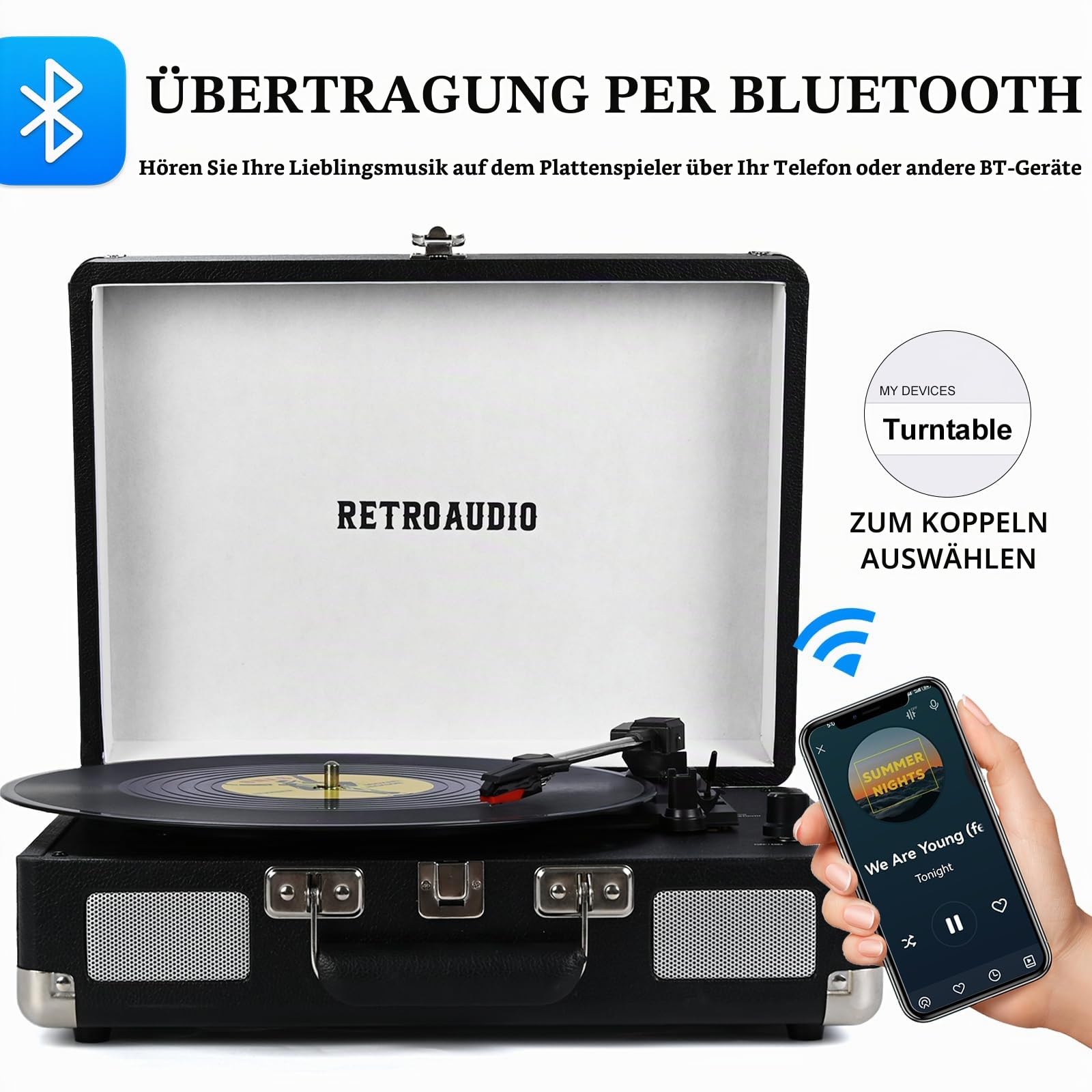 Vinyl-Plattenspieler 3-Gang Bluetooth tragbarer Koffer-Plattenspieler mit Riemenantrieb und 2 integrierten Stereolautsprechern Vinyl Vintage-Schallplattenspieler mit RCA-Line-Out, AUX-Out (Schwarz)