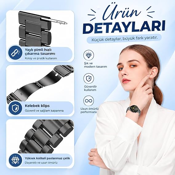 Amazfit Active 3 Premium Kordon Paslanmaz Çelik Metal Kayış [Active 3 Premium ile Uyumlu] -parent