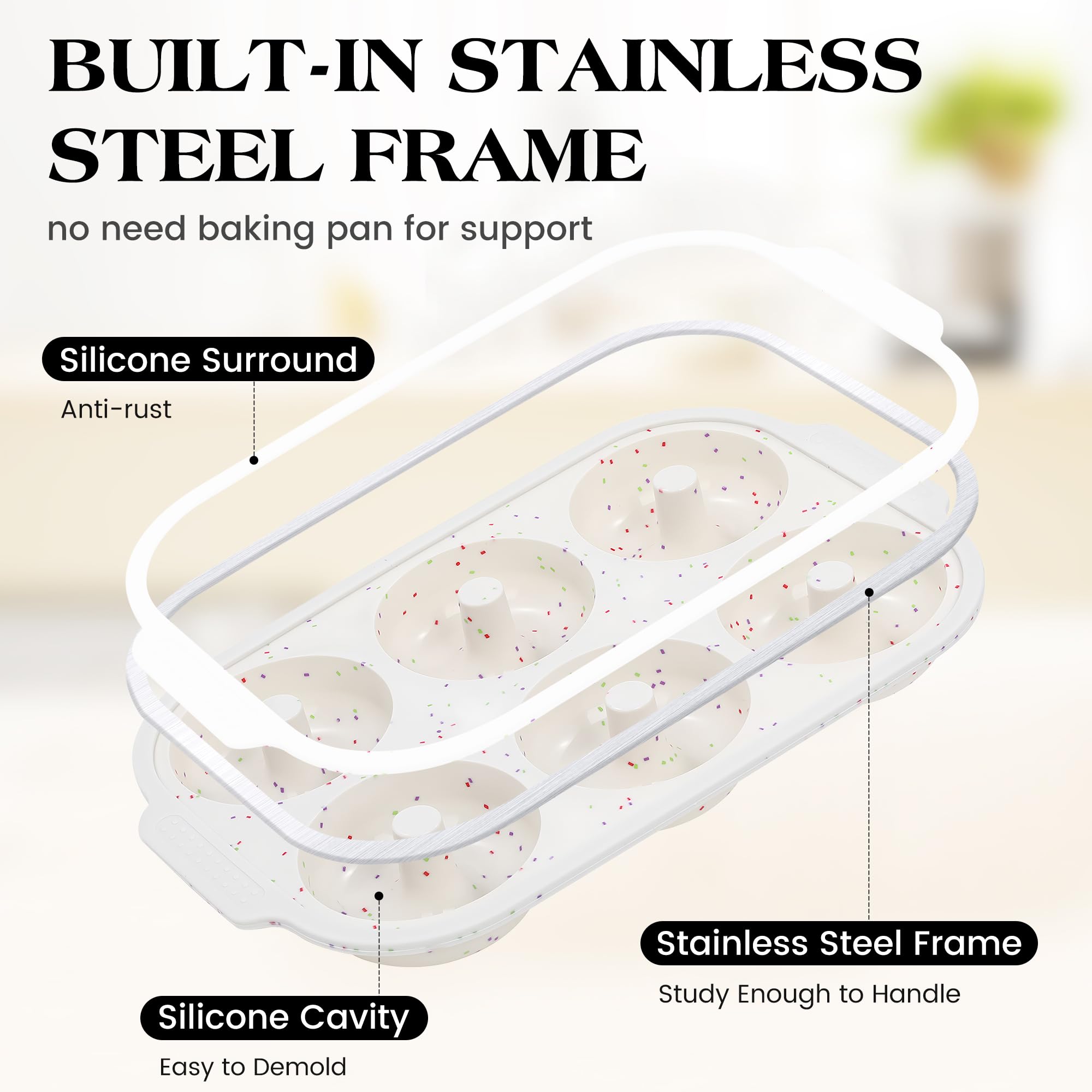 Molde de donas para hornear moldes de silicona para donas, bandeja antiadherente para donas de 6 cavidades, moldes de bagel grandes de 3.25 pulgadas con marco reforzado de metal, juego de 2 2