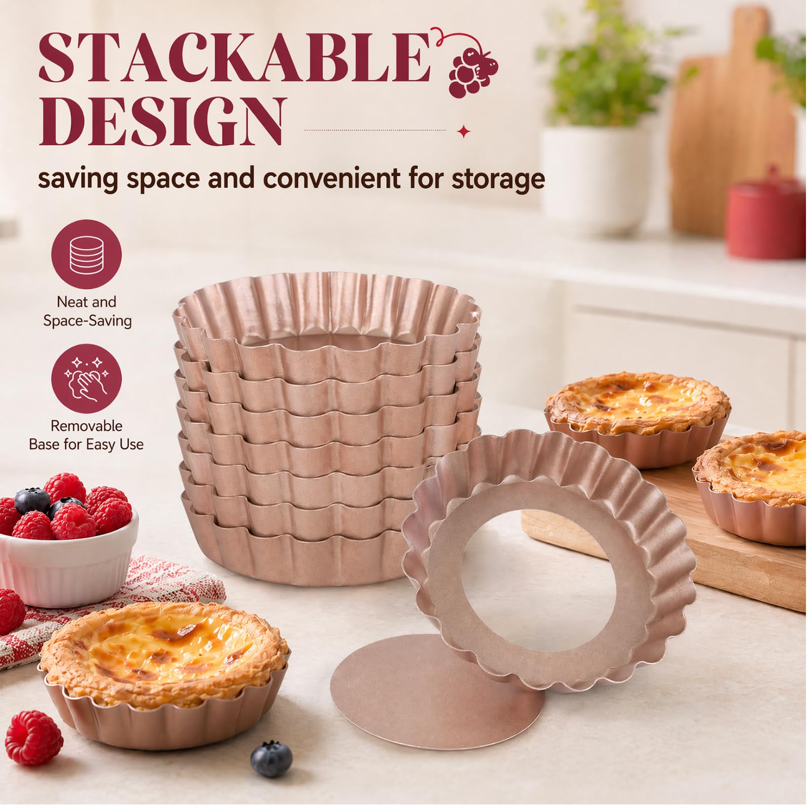 18 latas para tartas de 4 pulgadas con parte inferior extraíble, antiadherentes de acero al carbono, mini latas de tartaleta estriadas para hornear, latas pequeñas para quiche, tartas