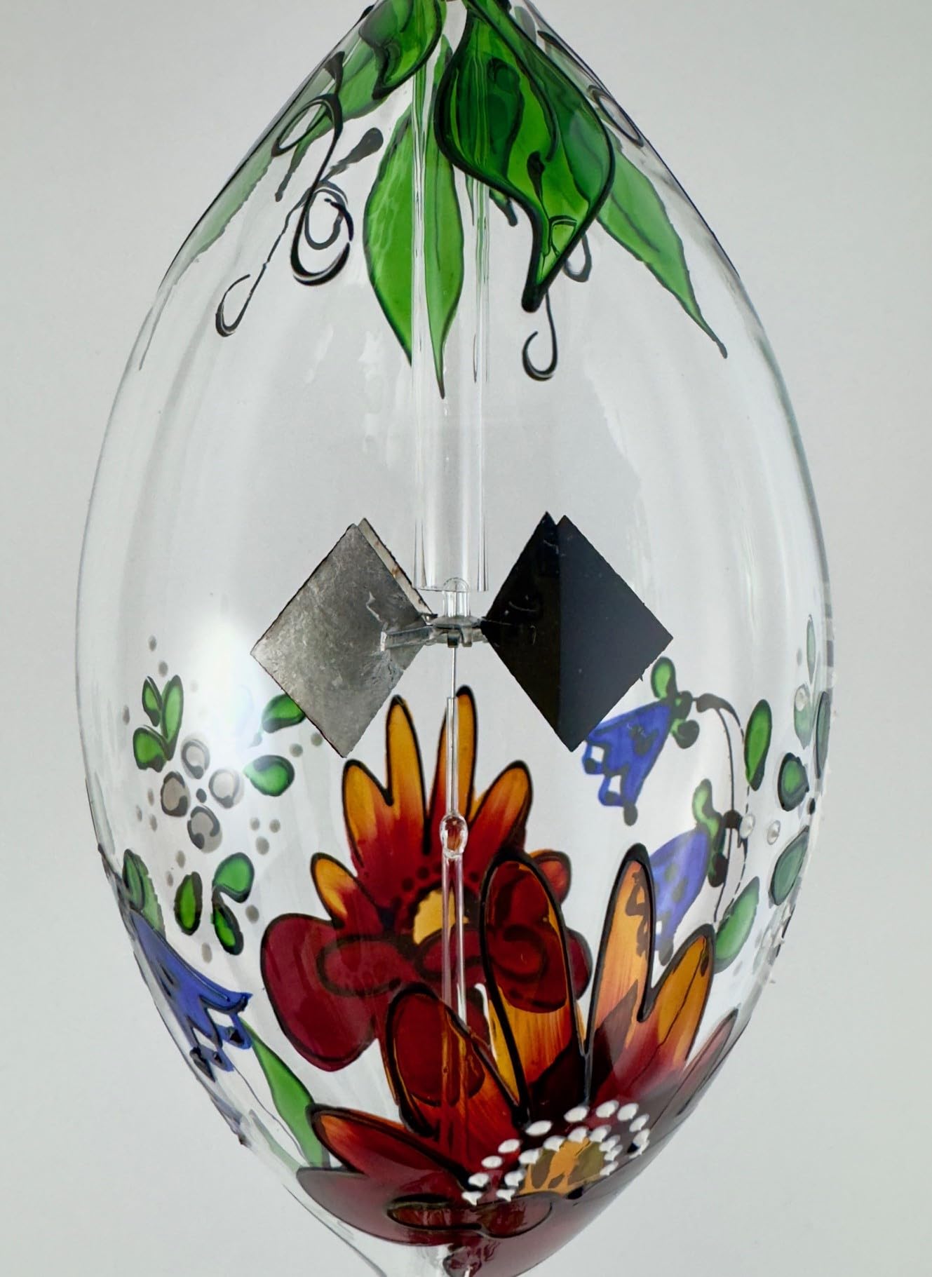 Lichtmühle zum Hängen, große Olivenform, Solar-Radiometer, Lichtspiel, Glaskunst, Glasmalerei Flora bunt, faszinierender, einzigartiger, bezaubernder Fensterschmuck mit Glastropfen 10x30 cm