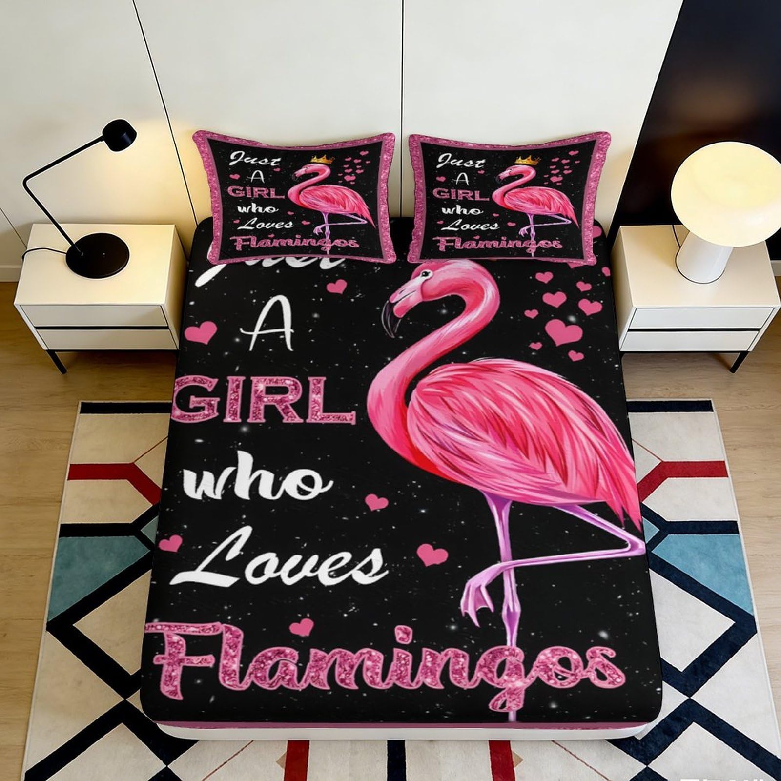 3D Printed Flamingo Pattern Fitted Sheet Microfiber Soft Breathable Girl Design Bed Sheet for Bedroom Dormitory Guest Room Mattress Cover Protection 120x200x25cm