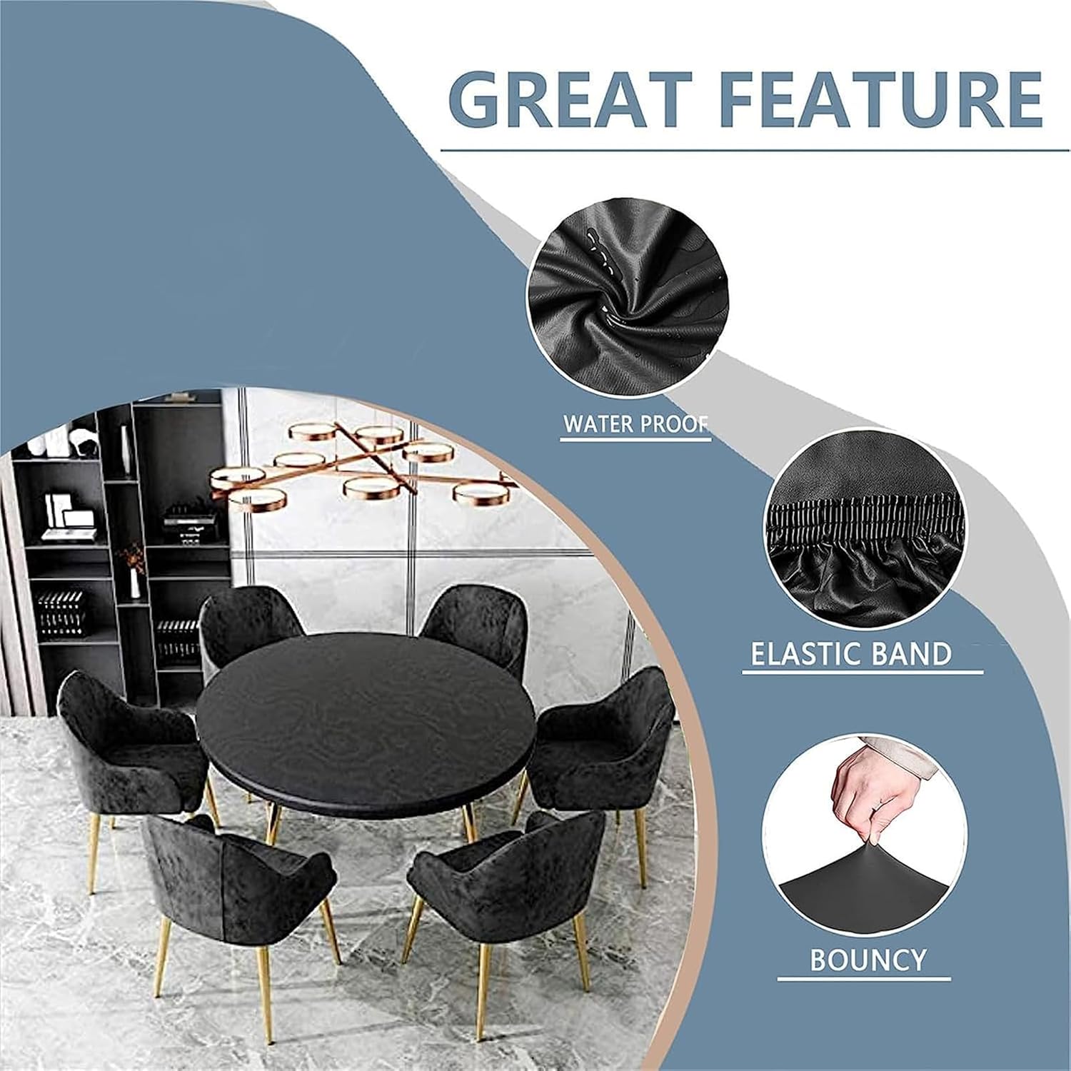 Round Table Cloth Waterproof Wipeable- Elastic Edged Vinyl Round Fitted Tablecloth,Indoor Outdoor Patio Elastic Edged Vinyl Tablecloth Dining Table Cover ProtectorV (Black,90cm (Round Table))