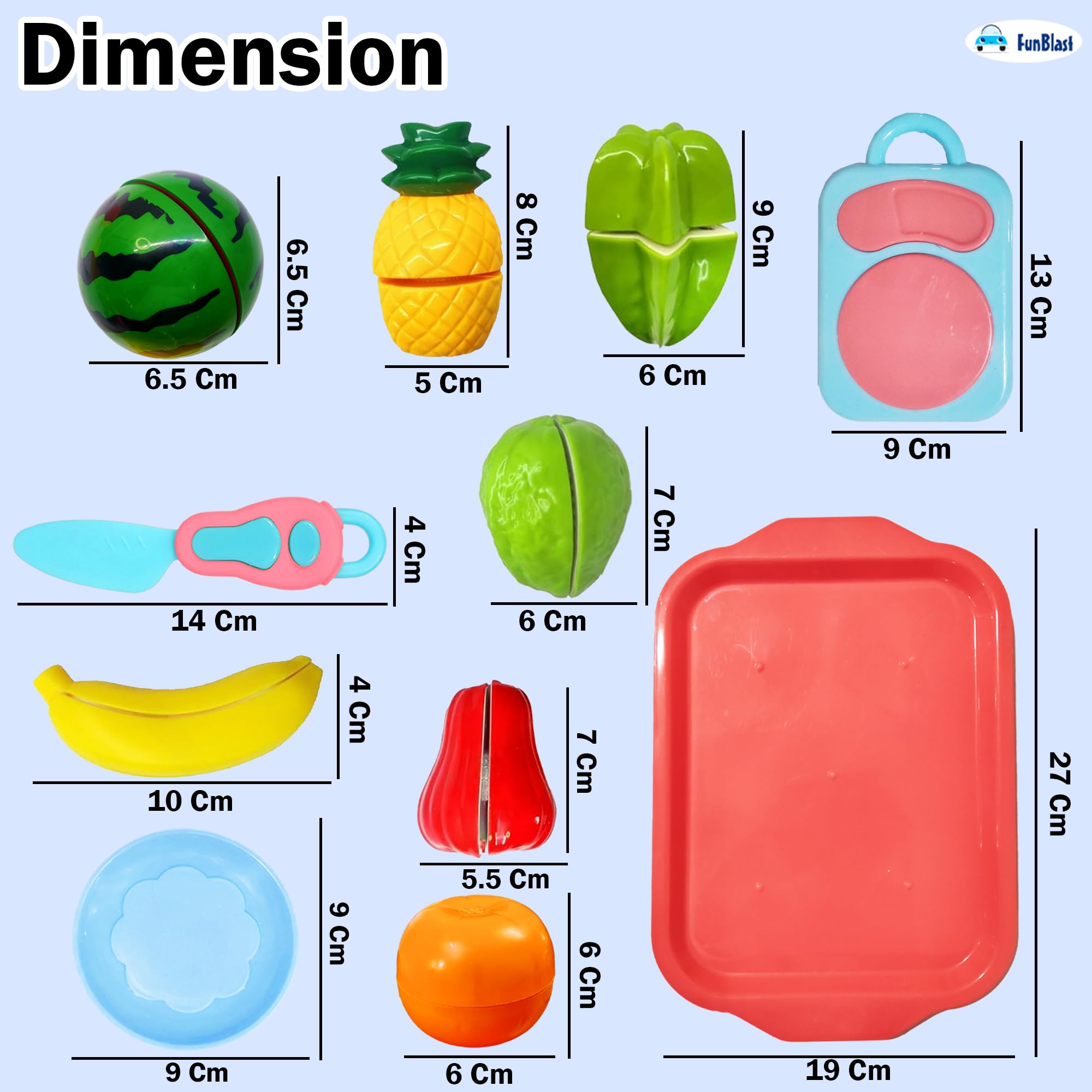 FunBlast Fruits Cutting Play Set Toys for Kids - 11 Pcs Realistic Sliceable Cutting Fruits Pretend Play Kitchen Toys for Kids, Play Food Toys with Chopping Board, Tray & Knife (Multicolor-B) 1