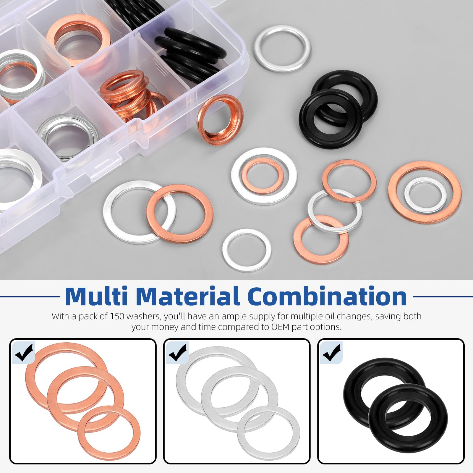 Glarks Kit di Guarnizioni per Tappo di Scarico dell'Olio Automobilistico - 80 Pezzi, 11 Misure (M10-M18) - Alluminio, Rame, Gomma - Rondella di Scarico