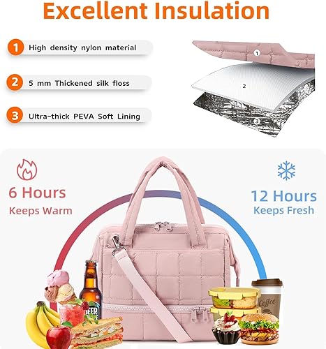 Miniatura 4 de Bluboon Lonchera para mujer, lonchera aislada de doble cubierta, lonchera acolchada acolchada de amplia apertura, reutilizable, hielera para el