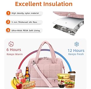 Bluboon Lunch Box for Women Insulated Lunch Bag Double Deck, Puffer Quilted Lunchbox Wide Opening Reusable Lunch Boxes Cooler for Work Picnic Travel Office with Adjustable Shoulder Strap