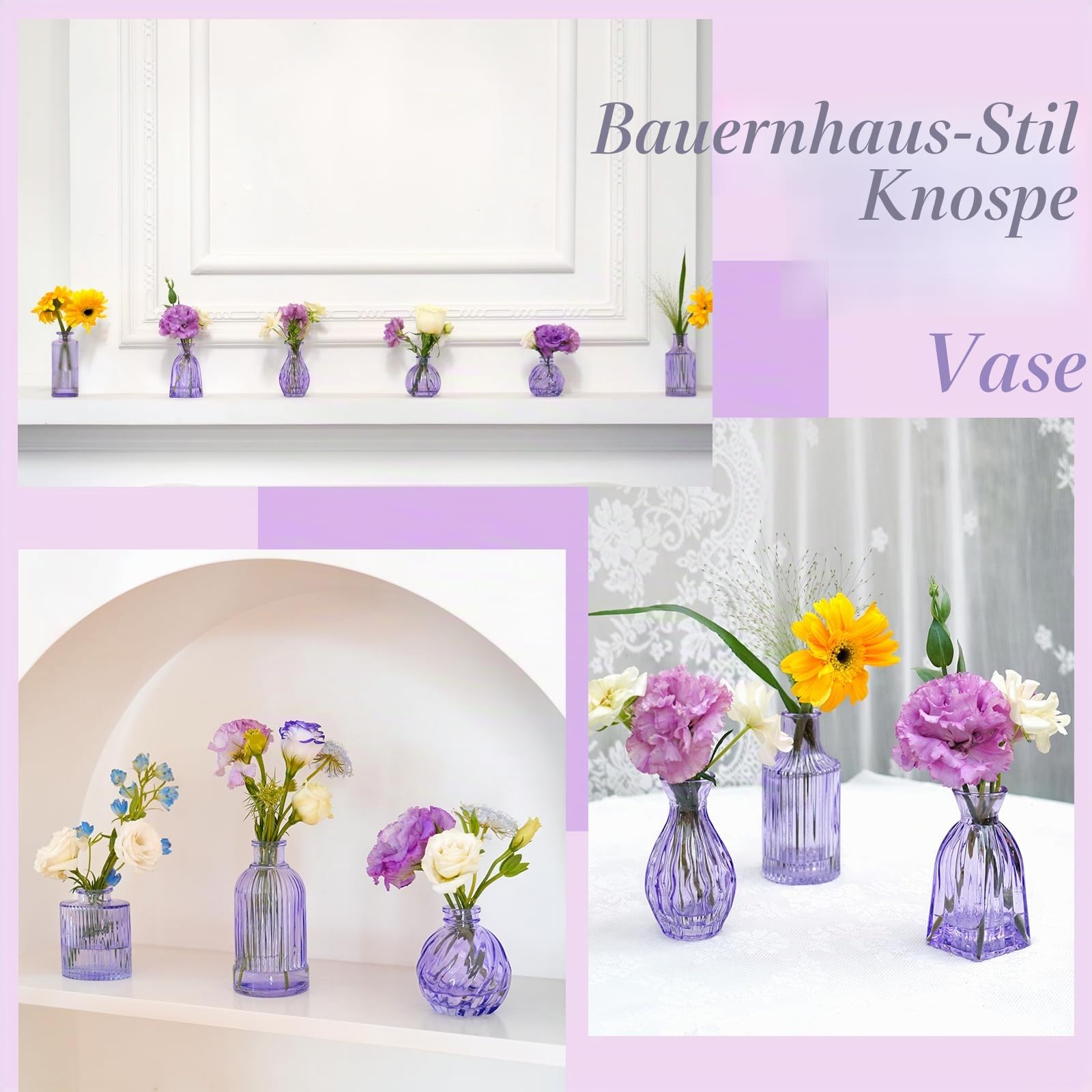 Glasvasen, 61 cm, kleine Violette Vase, Glasvasen für Blumen, Moderne, gerippte, farbige Knospenvase für Dekoration, Hochzeit, Blumenvase in Großpackung, Vintage-Dekor, Brautparty, Tafelaufsatz
