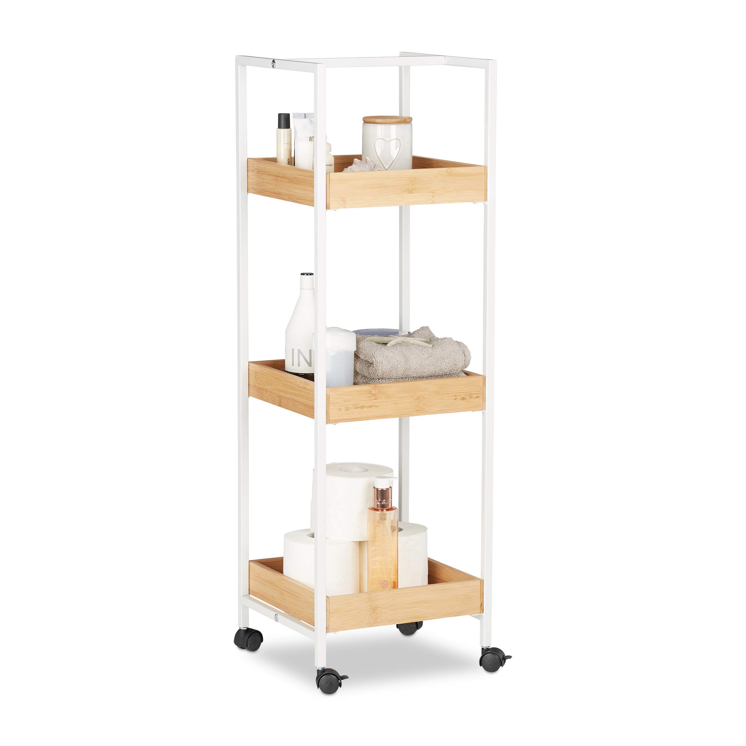 Mobiletto Da Bagno Con Ruote Relaxdays - 3 Ripiani In Legno, 72x65x31 Cm, Marrone Chiaro, Portata 50 Kg