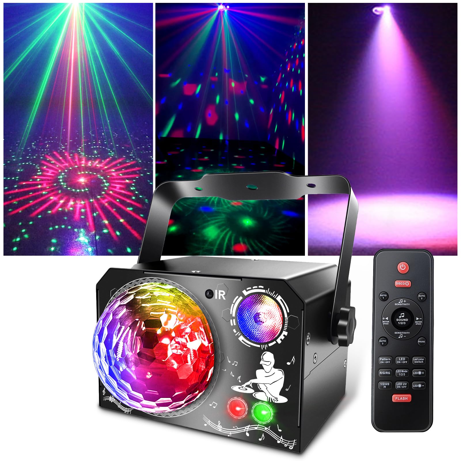 Fwiull Discolicht Partylicht, 4 in 1 Discokugel 65 Muster mit Fernbedienung, Musikgesteuert DJ Disco Party Licht, UV Stroboskop, RGB Party Lampe mit 2M USB für Fest Klub Hochzeit Halloween Weihnachten