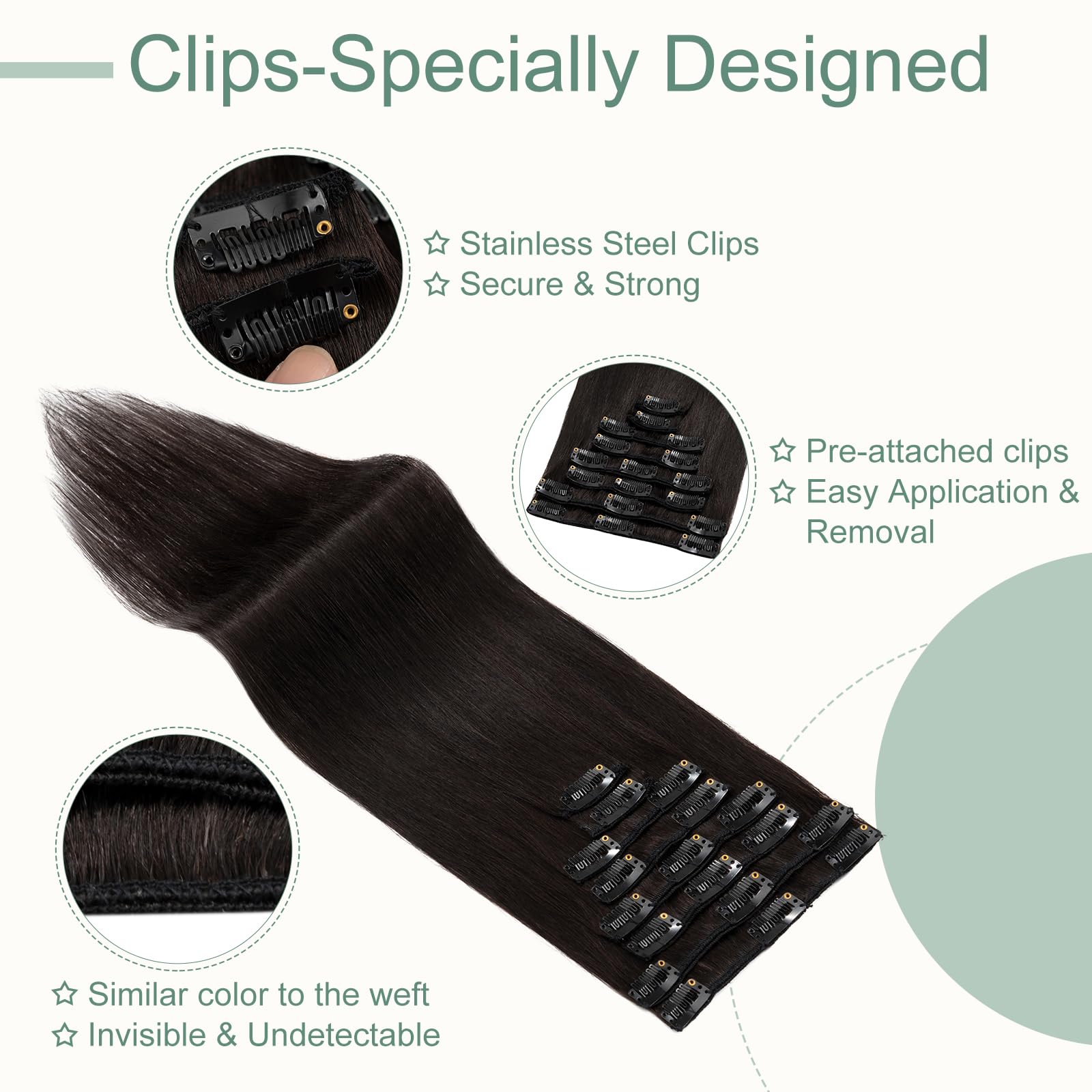 Clip in Hair Extensions Real Human Hair 16 Inch Black Hair Extensions Clip in Straight Remy Hair Seamless Natural Thin Weft - Image 3