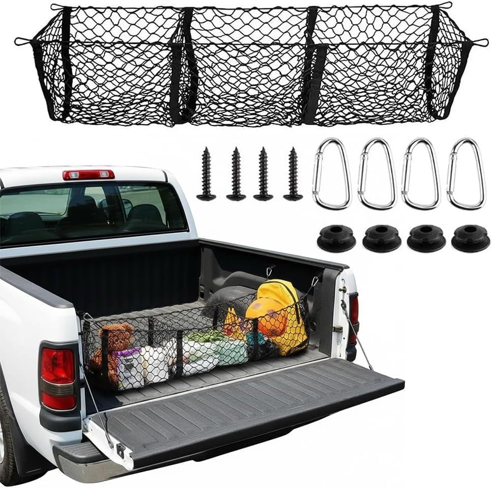 3 Pocket Elastic Cargo Net for Fits Ford Ranger Raptor 2018-2024, Stretchable Mesh Cargo Netting Trunk/Bed Organizer with Hooks Bungees for SUV Car Pickup Trucks,A/120 * 30