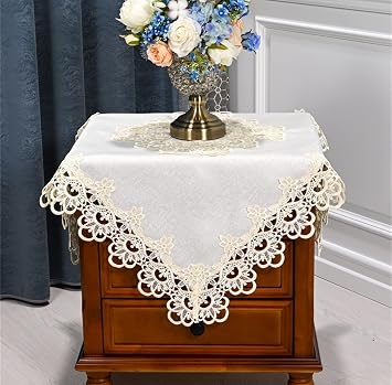 Lace Bedside Table Cover Cloth American Coffee Table Tablecloth Cover Towel Cover Washing Machine Refrigerator Dust Cover 32.6 * 32.6 inches,Cream Color