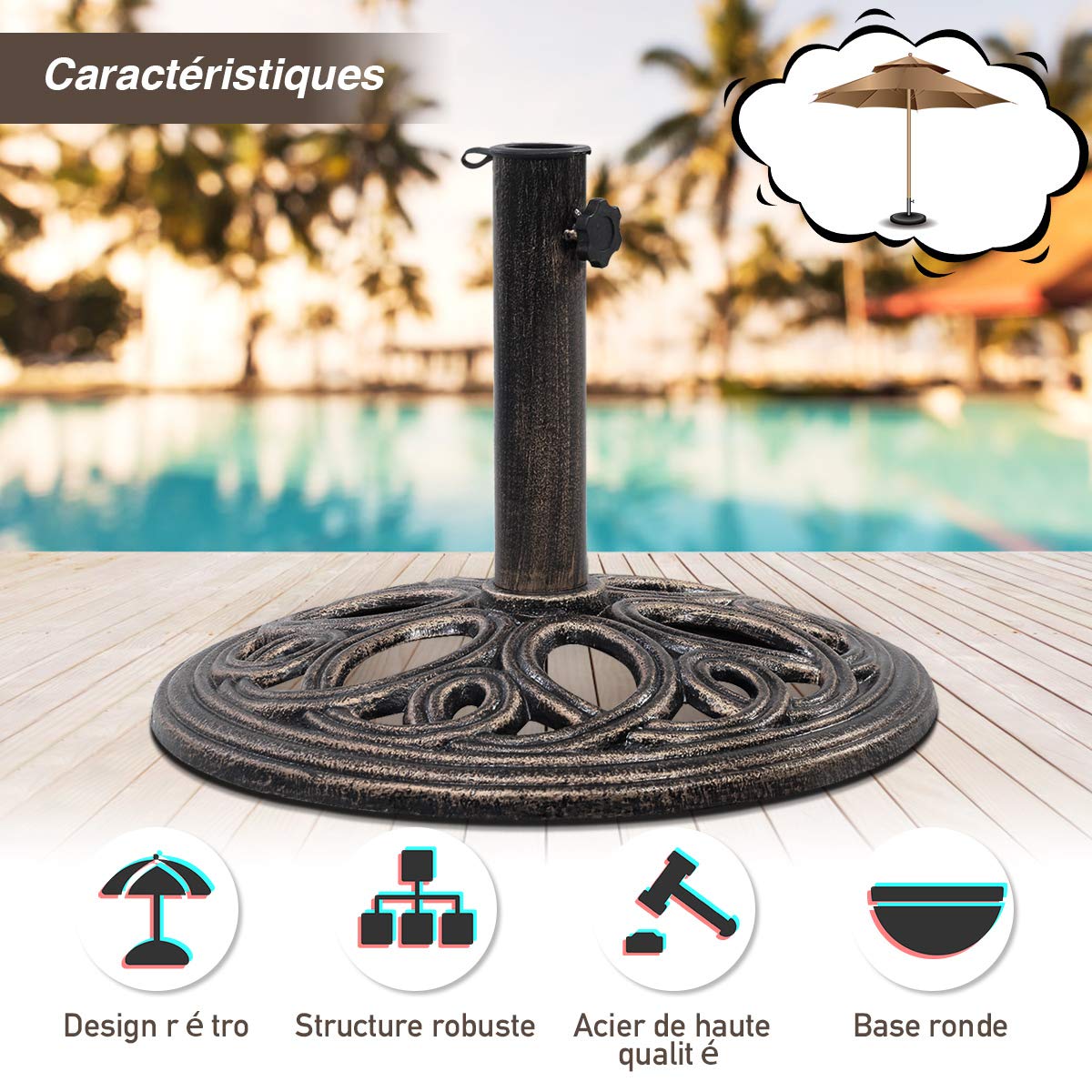 COSTWAY Pied de Parasol Rond en Fonte pour Mât ∅38-48mm