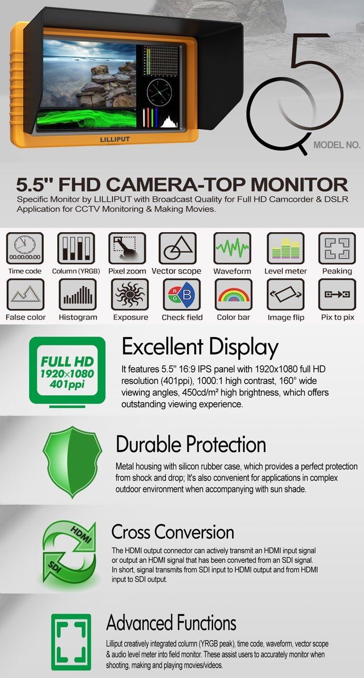LILLIPUT Monitor Q5 5 inch 1920 * 1080 Full HD Monitor with SDI HDMI Cross Conversion Metal Housing High Resolution to Camcorder