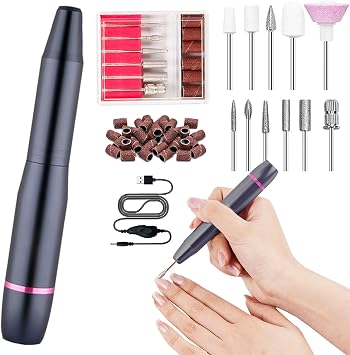 11 in 1 Multifunctional Electric Nail Machine Kit, High Speed 20,000 rpm, Low Vibration, Low Noise, Pro Gel Nails, Nail Polisher Compatible, USB Powered Bit, Storage Box, Gift, Pink Gold Electric Nail Polisher Black