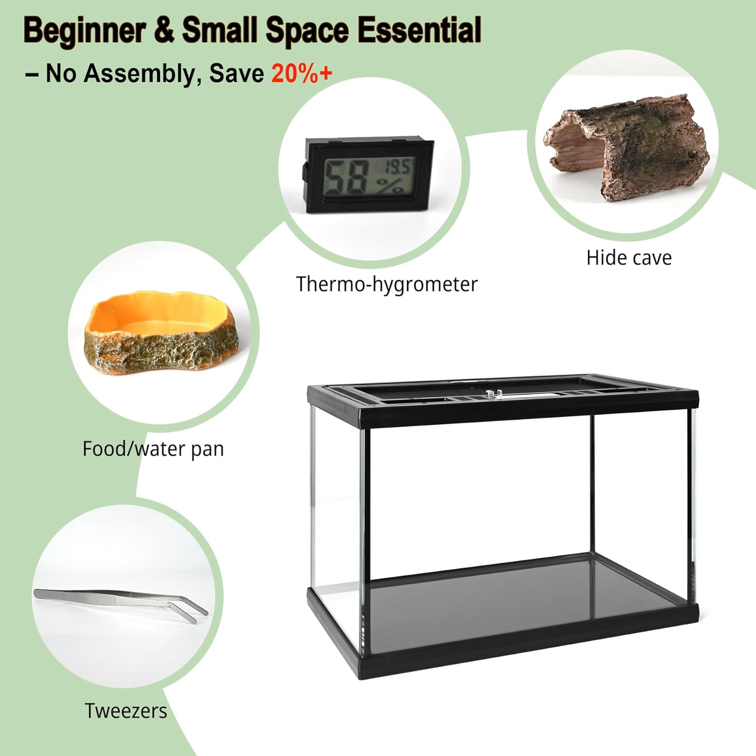 5-in-1 Small Reptile Glass Terrarium Kit 12x8x8in Full View Reptile Enclosure Tank w/Thermo-Hygrometer, Hide & Tongs for Spiders, Tarantulas, Hermit Crabs Forgs, Scorpions & Dwarf Geckos