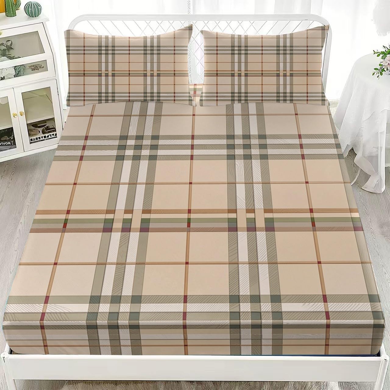 Drap Housse 200x200cm Beige Bande Élastique Réglable 2 Personnes Lit