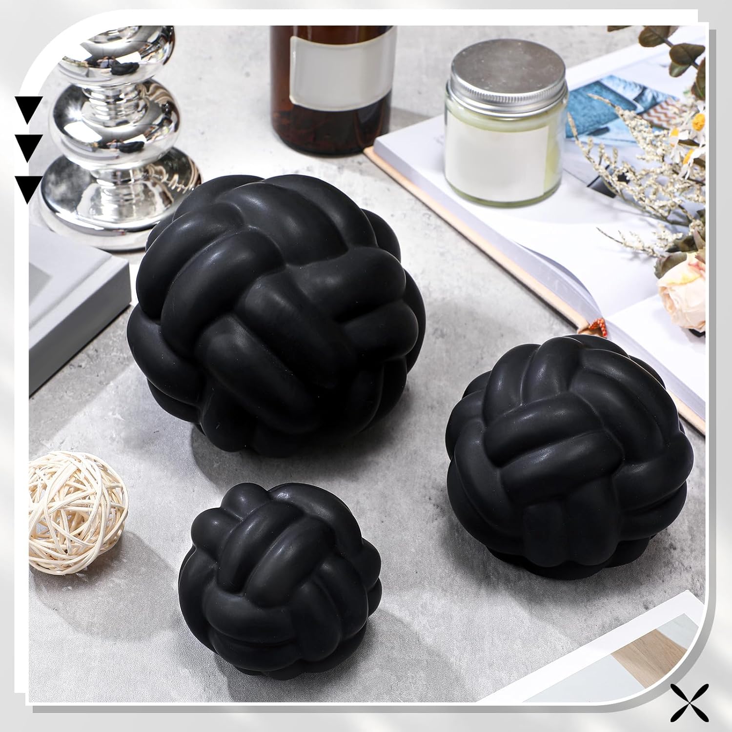 Wenqik Matte Black 3 Pcs Knot Decor, Chain Link Coffee Table Bookshelf Decor Accents, Entry Table Ceramic Aesthetic Minimalist Decorative Objects for Modern Home Living Room Decoration 3 Sizes
