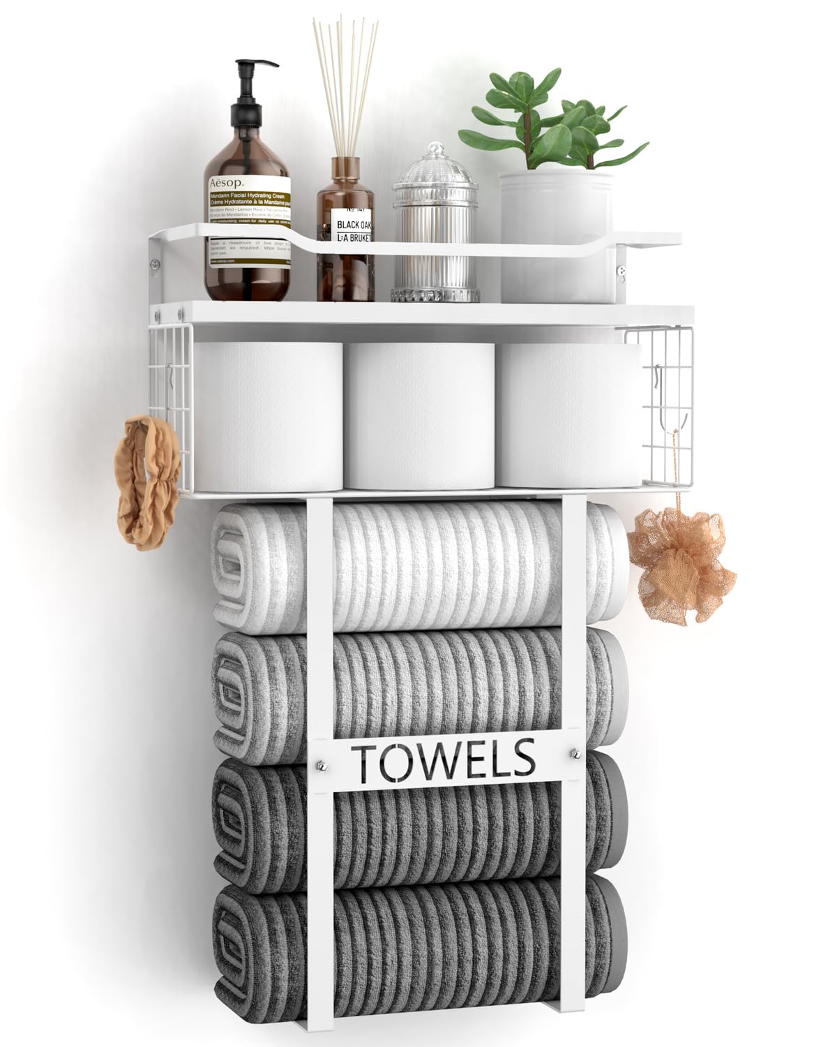 Towel Racks for Bathroom Wall Mounted - Bath Wall Towel Holder Set Above Toilet Storage, Rolled Towel Shelf Organizer for Small Bathroom All White,