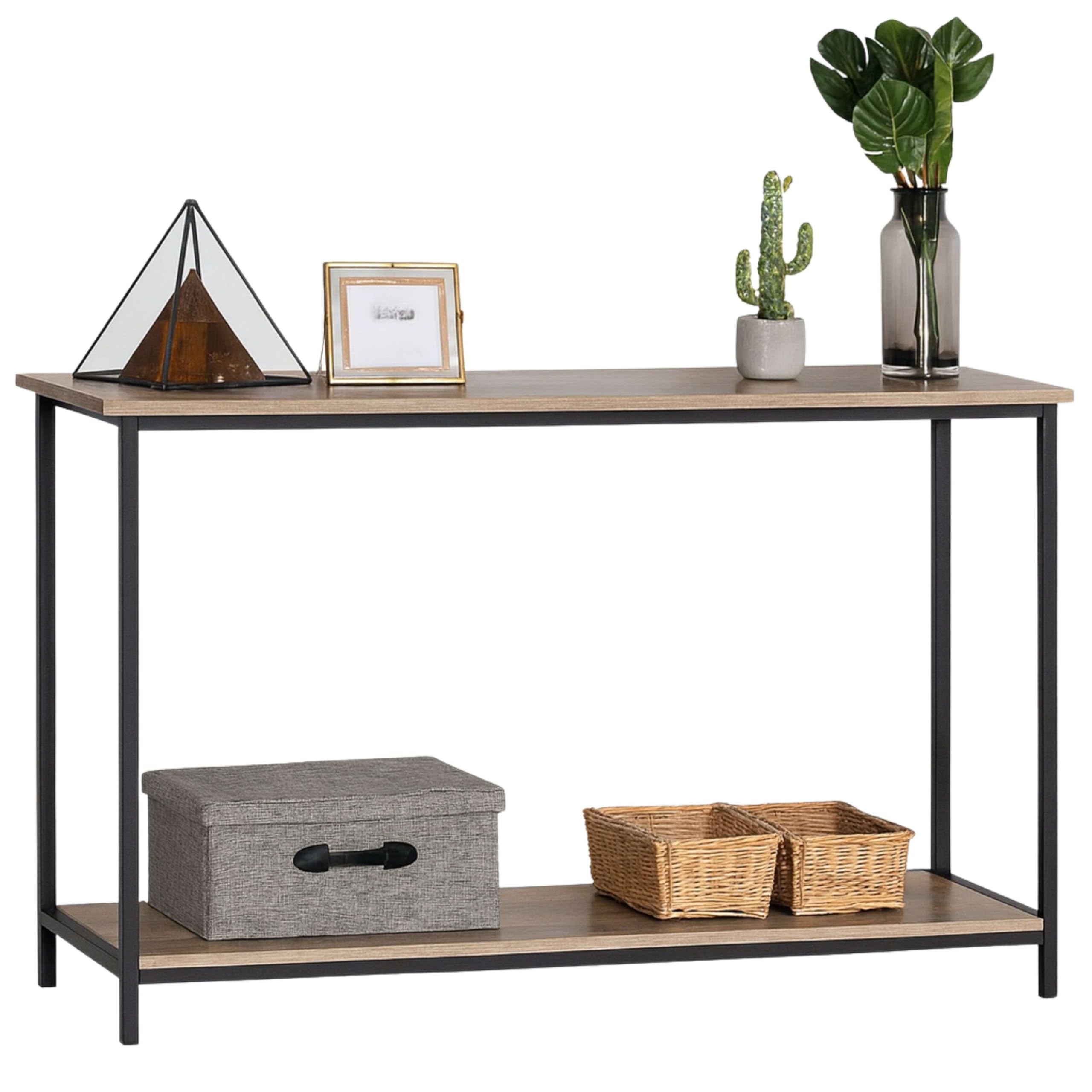 Miroytengo Mesa Consola Recibidor Color Negro y Roble Lofi, Mueble Entrada Recibidor, 2 Estantes 106x81x35 cm
