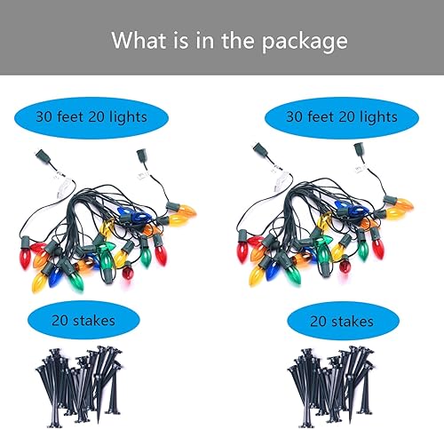 Miniatura 5 de NIOSTA Guirnalda de luces navideñas de 30 pies, 20 bombillas LED multicolor y 20 estacas, luces de Navidad enchufables y conectables para patio,