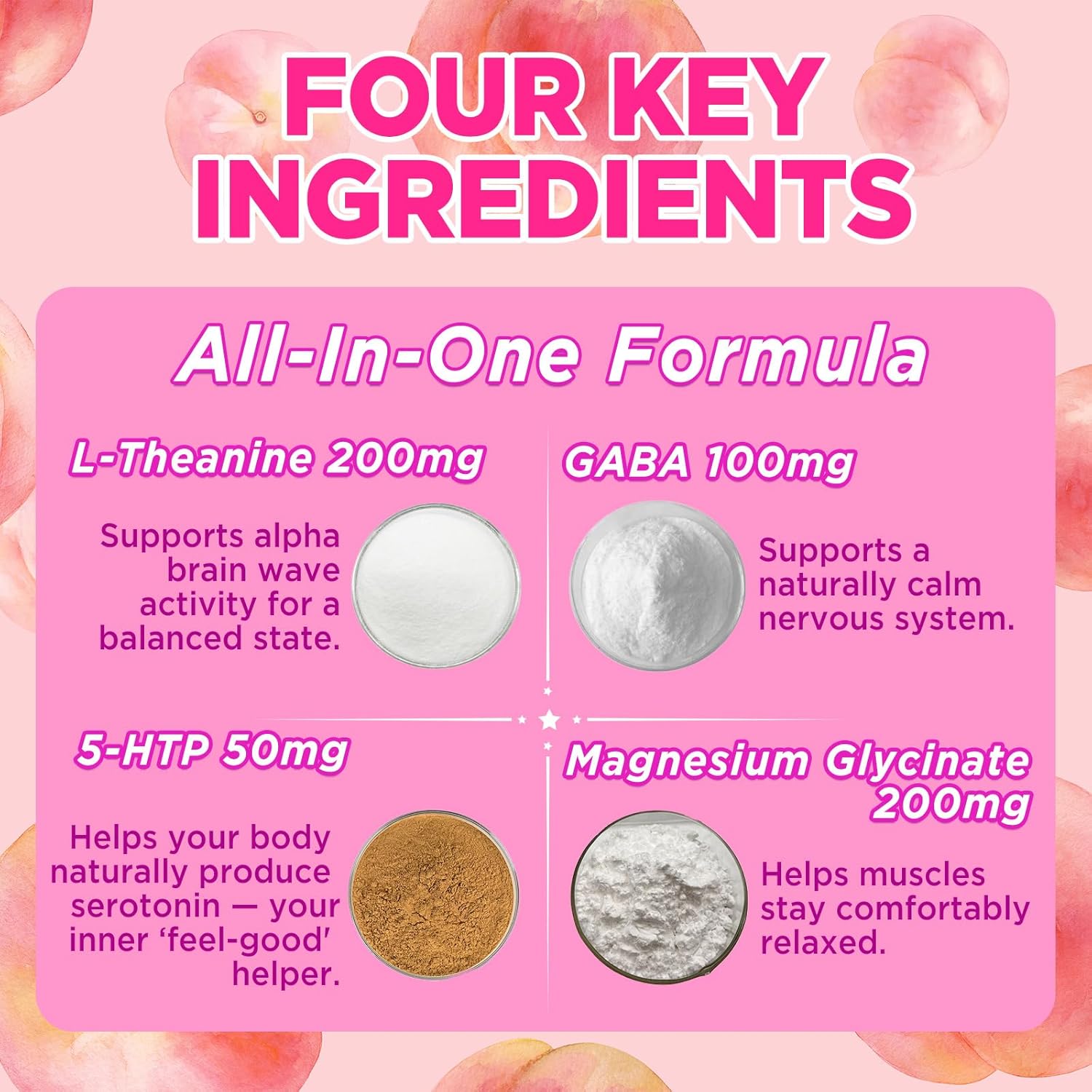 ZA'ZA K ORGANICS L-Theanine 200mg Gummy, L Theanine Supplement Gummies with GABA, 5-HTP & Magnesium Glycinate for Adults and Kids, Stress & Focus Support, Vegan Peach Flavor, 60 Chewable - Image 4