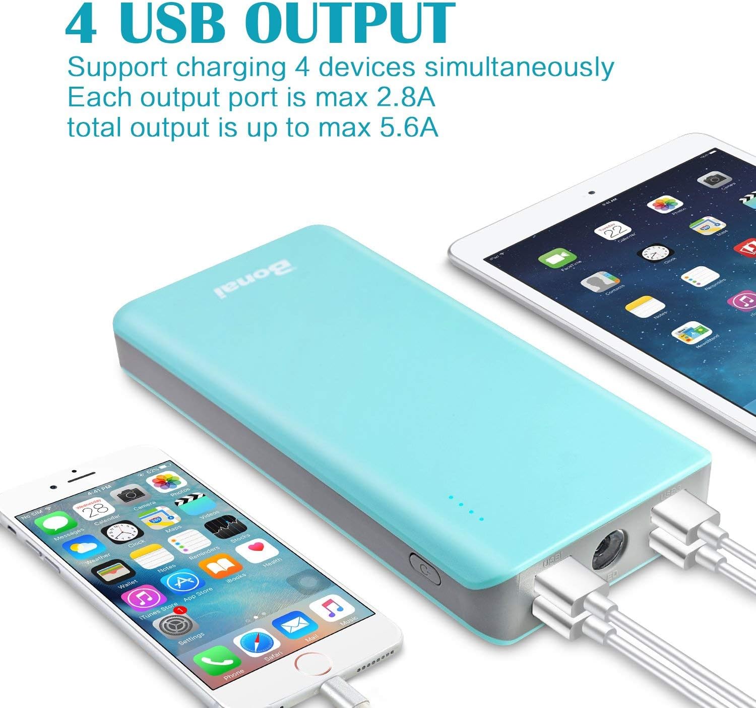 Grеаtеѕt Prоduсt Portable Charger 30000mAh, BONAI External Battery Pack 2.8A 4-USB Output (Ultra High Capacity)(Flashlight)(Road Trip), Fast 4A Input Power Bank for iPhone iPad Samsung Galaxy and More - Mint
