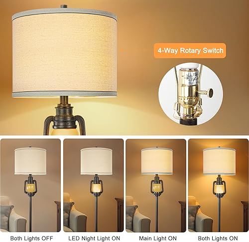 Miniatura 22 de Lámpara de pie rústica con bandeja de metal para sala de estar con luz nocturna, lámpara alta vintage con pantalla de tela de lino, lámpara de pie