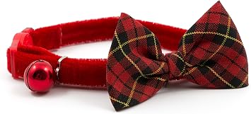 Ancol Vintage Bow Safety Cat Collar in Tartan - Luxury Velvet Collar with Removable Bow and Break Away Buckle - Includes Warning Bell