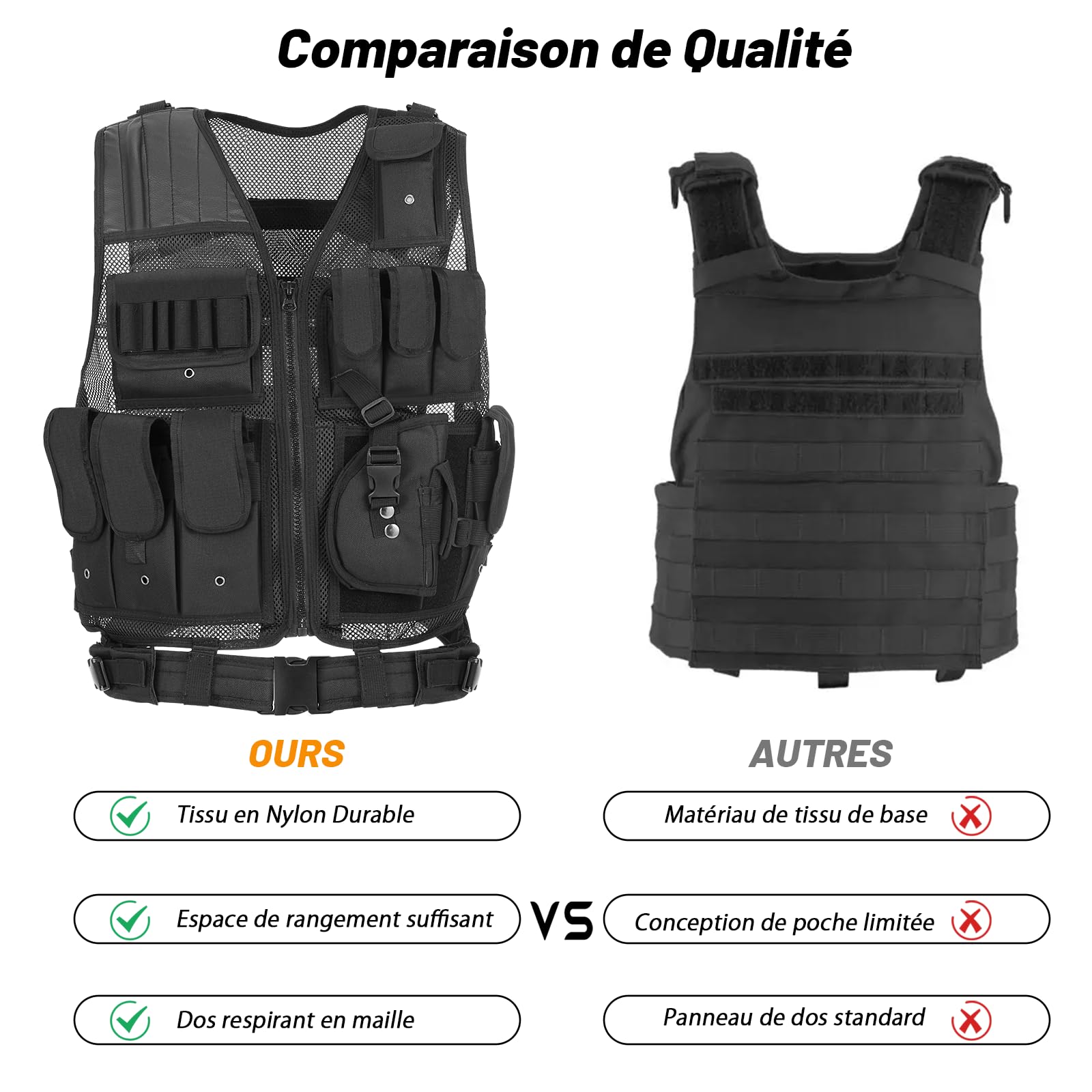 Lot de 2 gilets tactiques pour homme avec poches, ceinture ventrale réglable | Gilet tactique respirant et résistant pour l'extérieur, la pêche, le camping (noir)