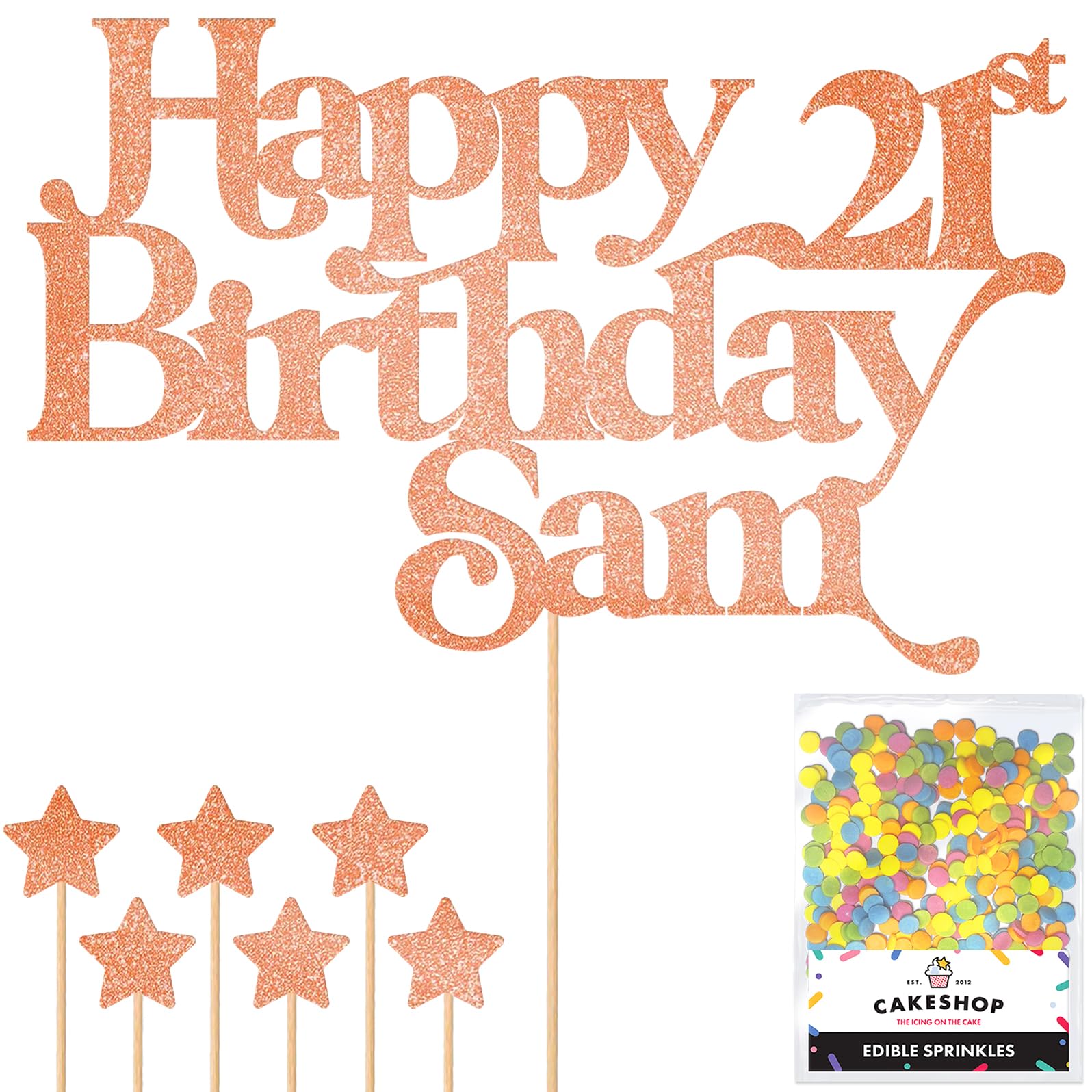 Personalised Happy Birthday Glitter Cake Topper - Rose Gold Any Name & Any Age Glitter Cake Decoration and Sprinkles - Happy Birthday Decorations - Personalised Toppers for Cakes by Cakeshop