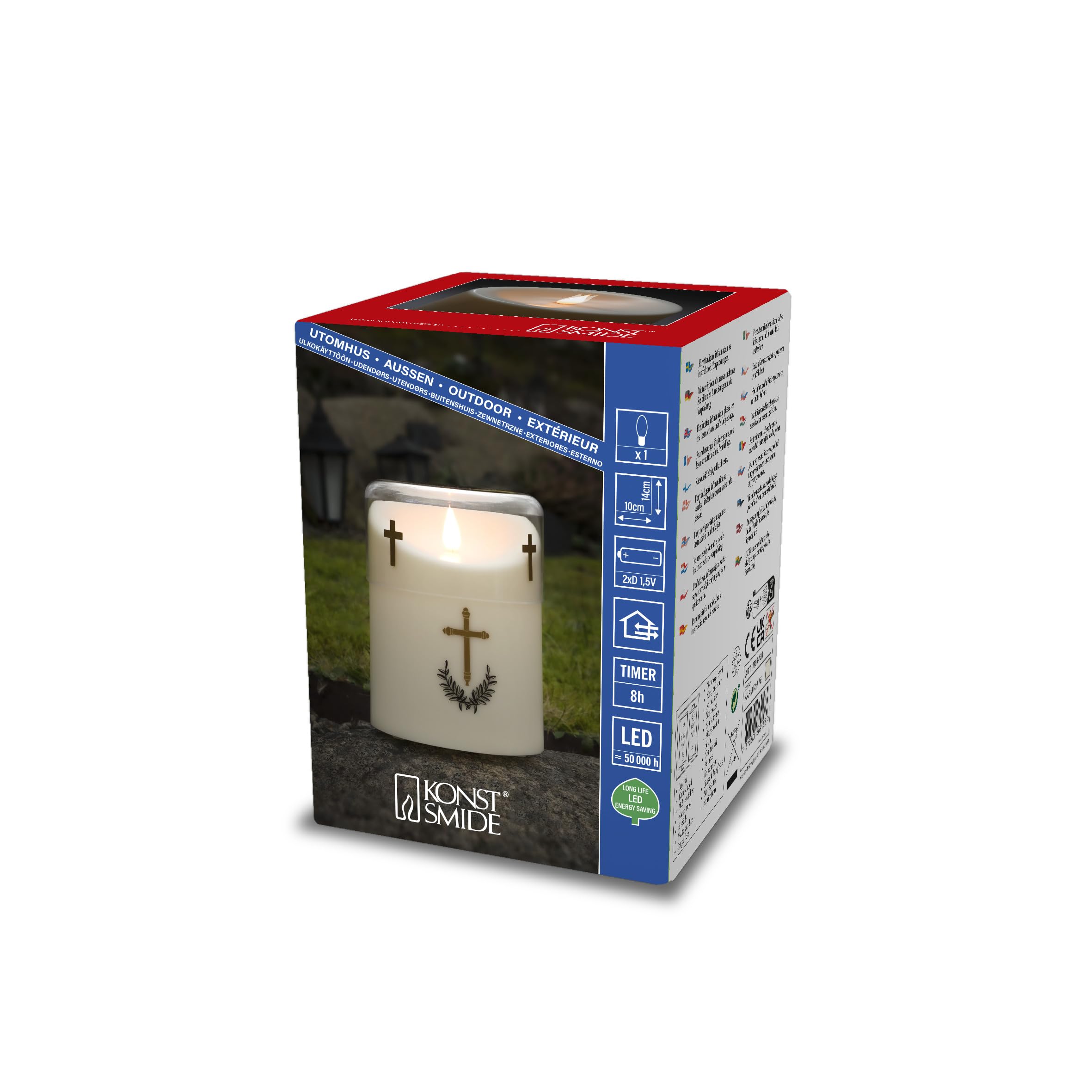 KonstsmideCandle LED Memorial Light, with 8 Hour Timer, 1 Flickering Warm White diode, Battery Operated, Outdoor (IP44), 2 x D 1.5 V (Excl)