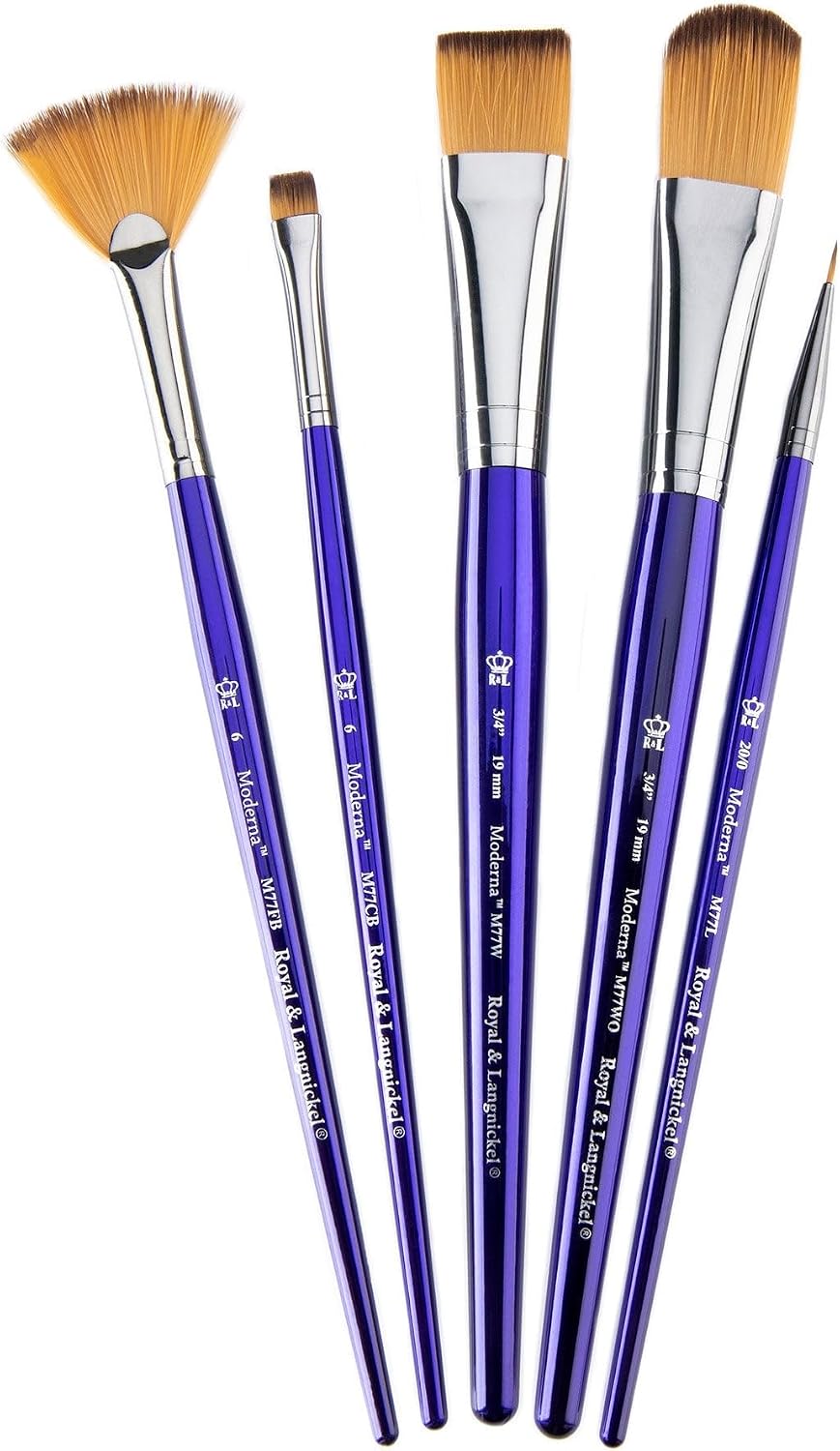 Royal & Langnickel Moderna, 5pc Oval Wash & Blender Brush Set for All Painting Mediums, Includes - Oval Wash, Blender, Fan & Liner Brushes Purple