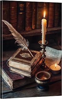 DHWCAW Quill Pen And Candle On The Desk Canvas Wall Art, Retro Still Life Canvas Painting Pictures For Bedroom Bathroom Office Decor 12 * 16Frameless