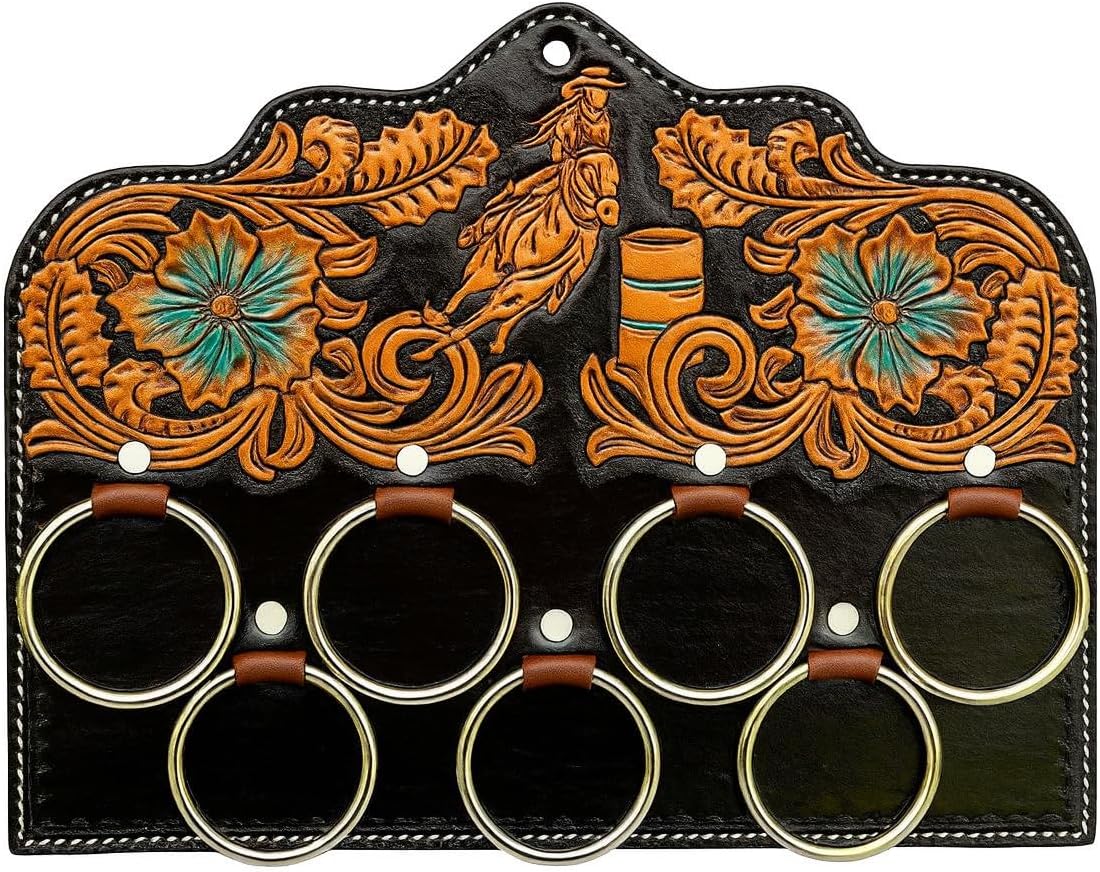 Handcrafted Leather Wild Rag Hanger – Tooled Western Leather Wild Rag Organizer with Heavy-Duty D-Rings – Premium Western Tack Accessory for Scarves, Wild Rags & Gear 025