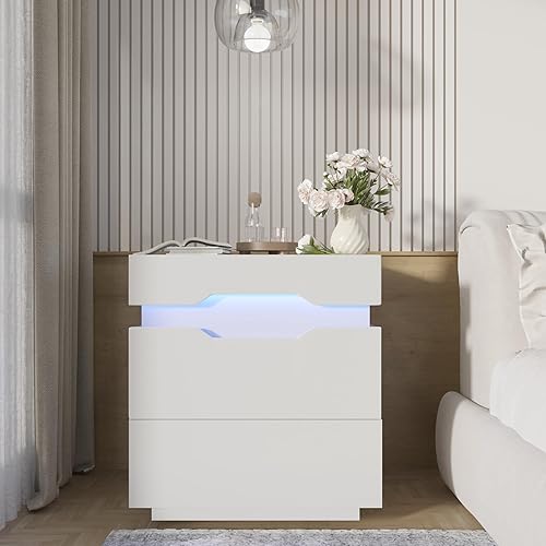 Miniatura 2 de YESHOMY Juego de 2 mesitas de noche con estación de carga, 2 cajones para dormitorio, gran capacidad, 21.2 pulgadas de altura, color blanco