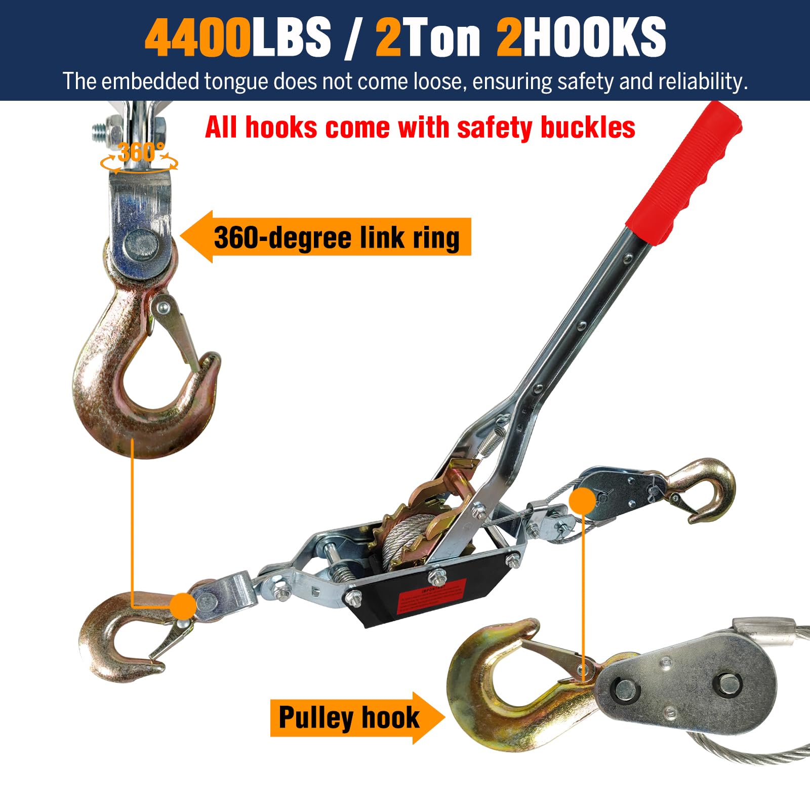 Come Along Winch 2T, cable de acero resistente de 2 ganchos, extractor de potencia de doble engranaje, cable viene junto con cable de acero de 7 pies, cable de cabrestante de mano, engranaje