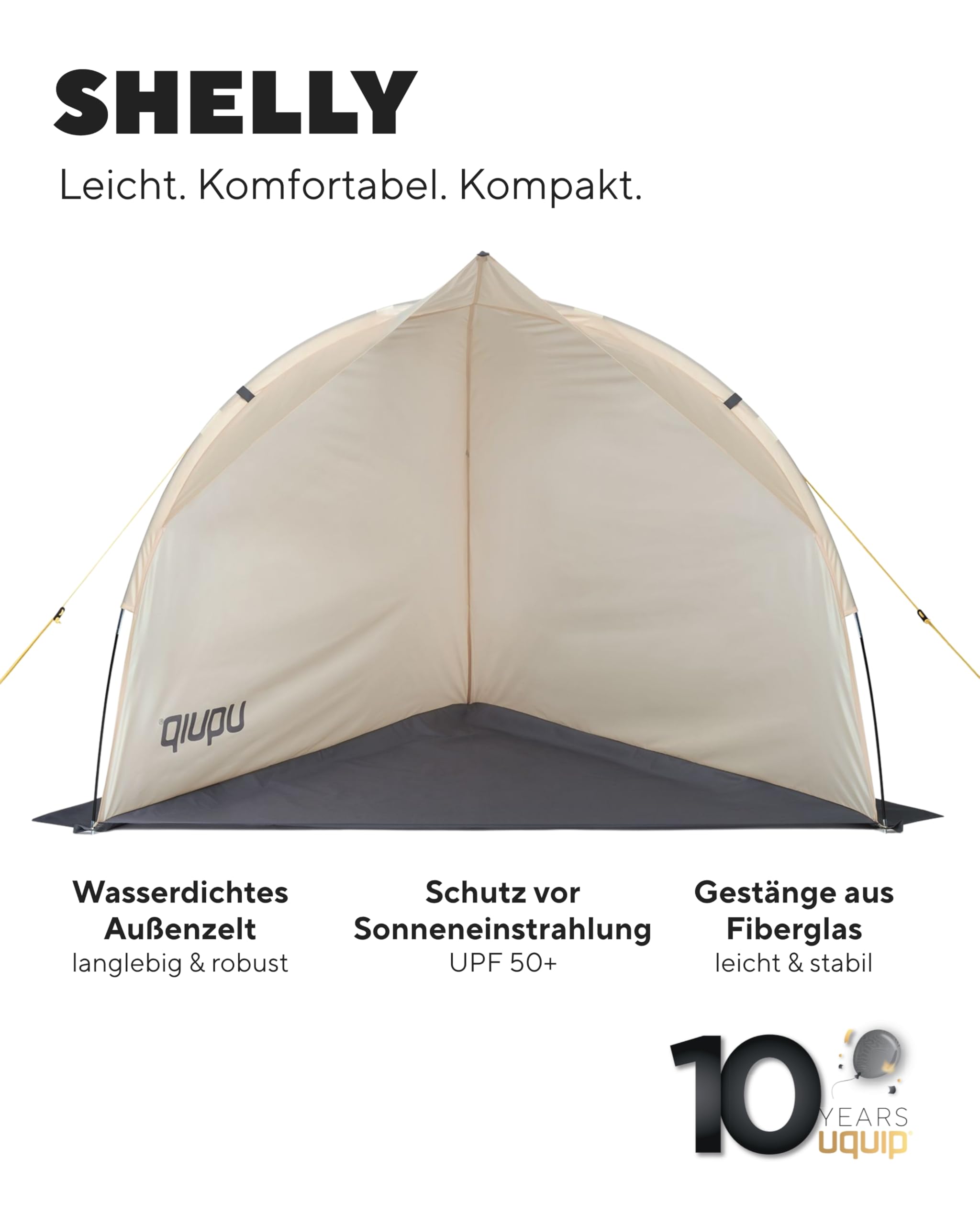 Uquip Strandmuschel Shelly Sand I 165 x 140 x 120 cm I UPF 50+ Strandzelt zum Schutz vor Sonne, Wind & Regen I tragbares Beach Zelt I ideal für Strand, Camping & Picknick