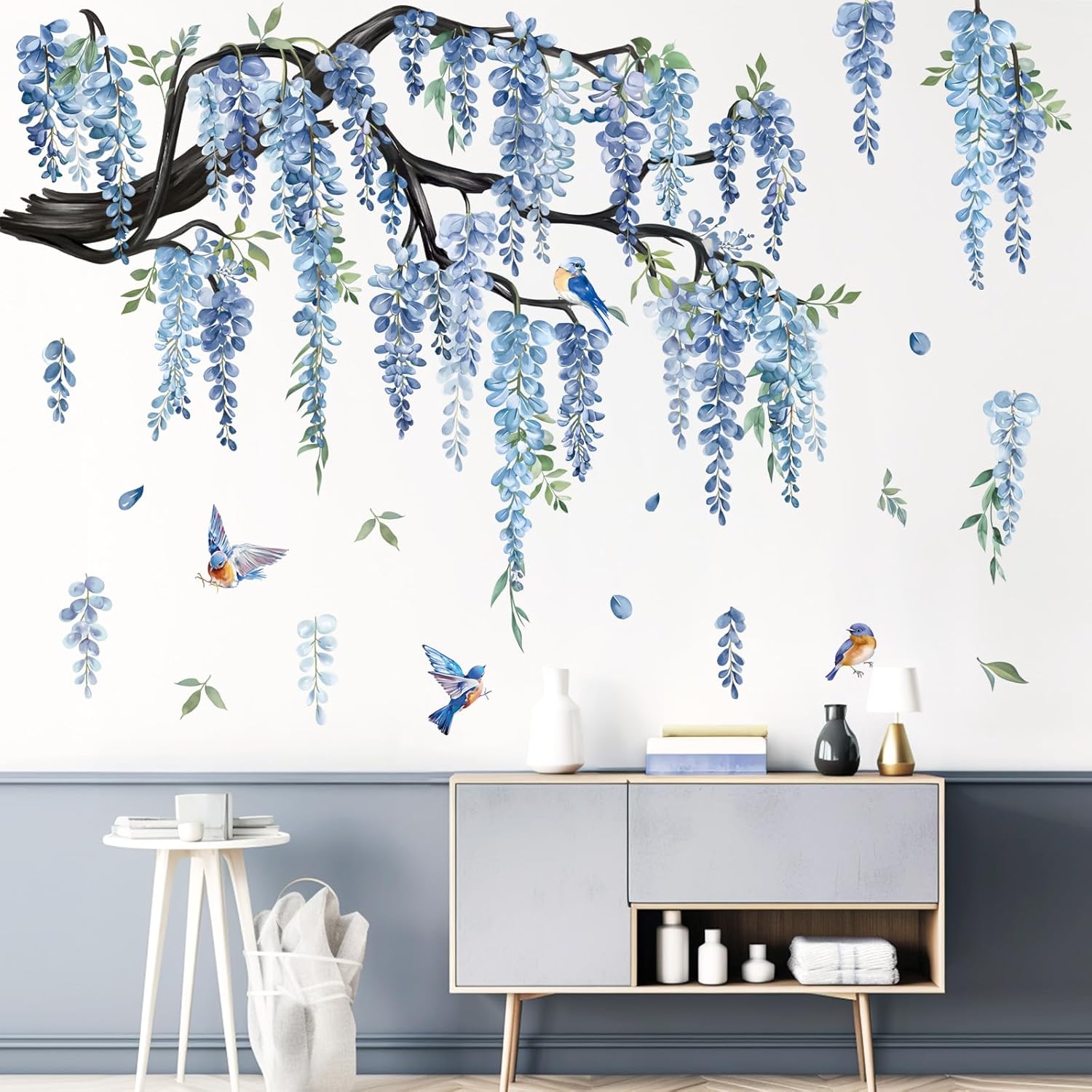 decalmile Large Flower Tree Branch Wall Decals Blue Hanging Vine Floral Wall Stickers Bedroom Living Room Sofa TV Background Wall Decor
