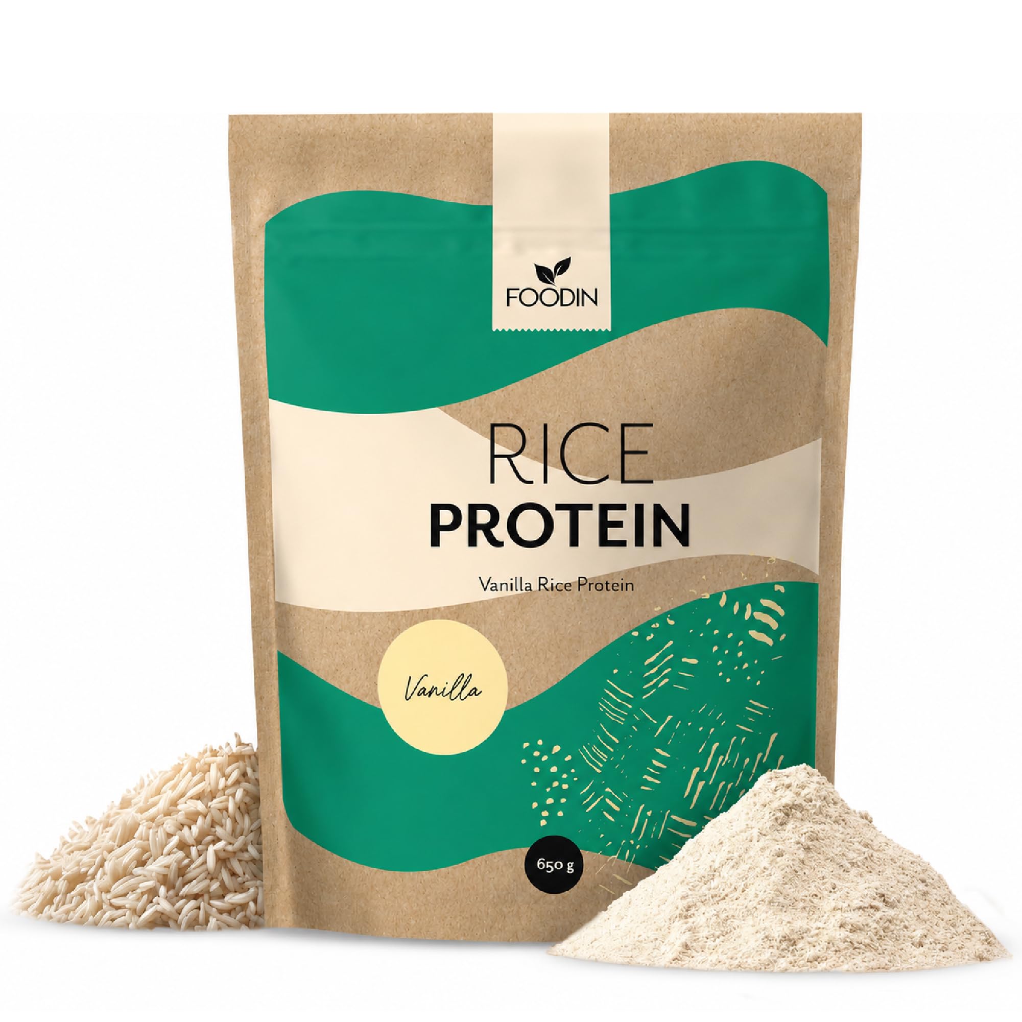 FOODIN Riso proteico in polvere 650 g, di riso germinato, senza glutine e polvere proteica vegana senza dolcificante artificiale, vaniglia