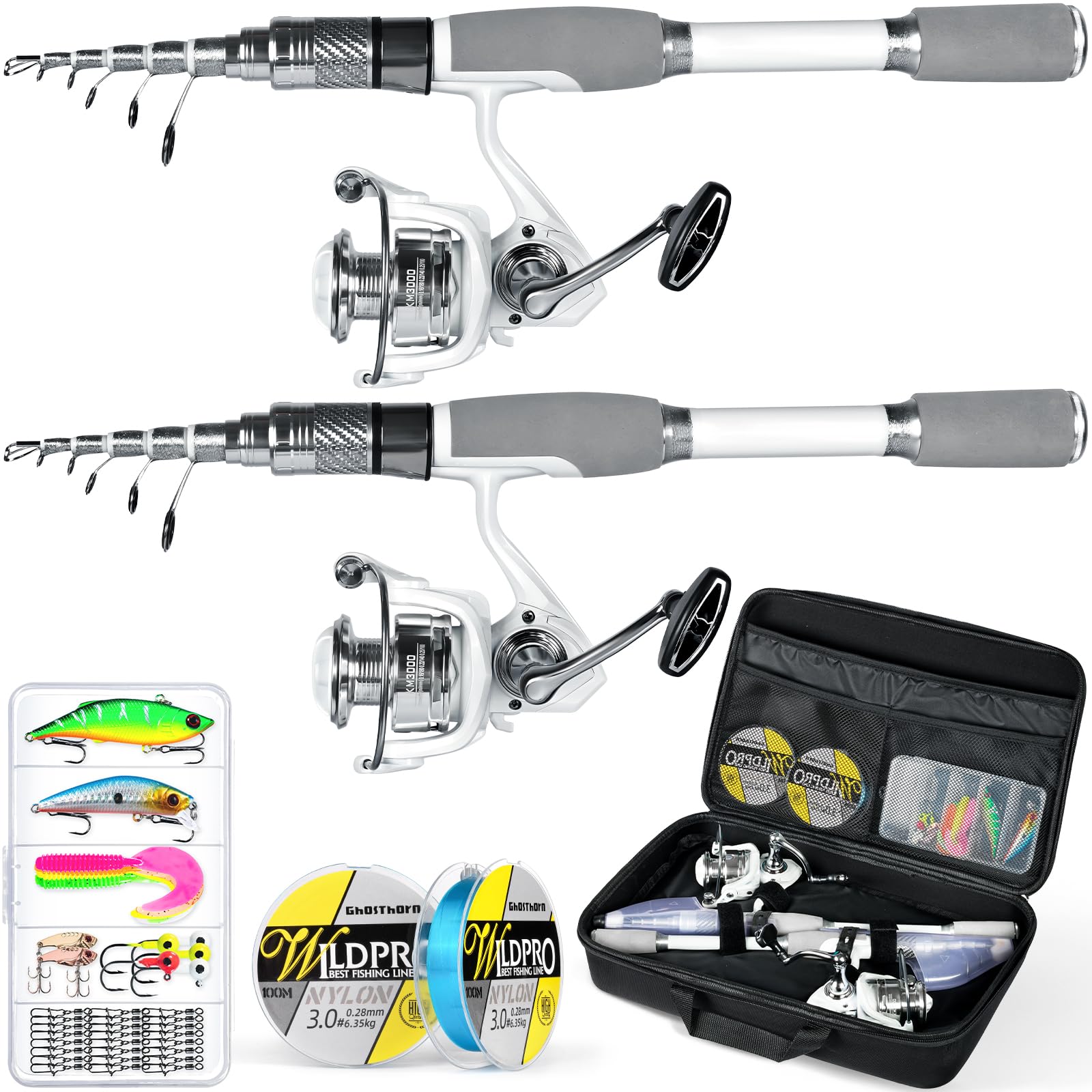 Photo 1 of Ghosthorn Fishing Rod and Reel Combo Carbon Fiber Telescopic Fishing Pole Carrier Bag Portable Kit Saltwater Freshwater(2 Pack Rod&Reel Combos with one Bag, 2.4m 8ft)