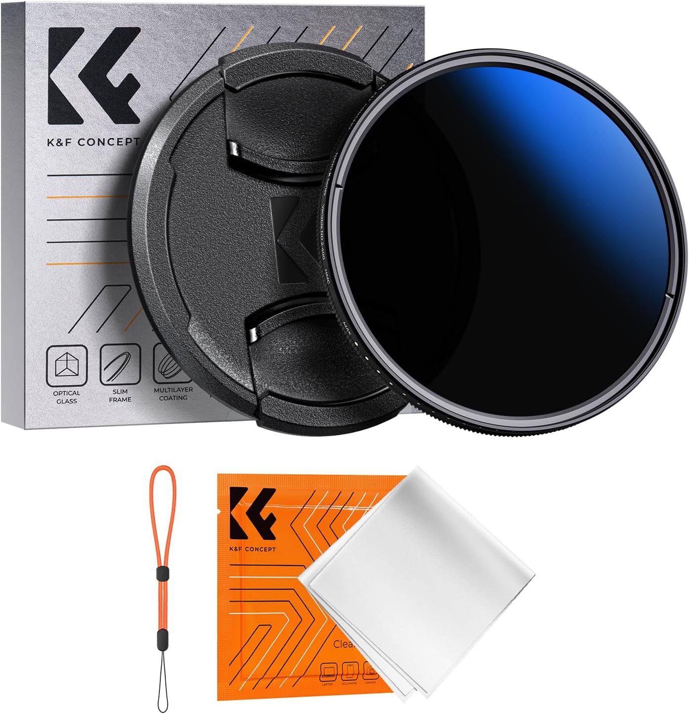K&F Concept 58mm Variable ND Filter ND2-ND400 (1-9 Stops) + Lens Cap + Cleaning Cloth, 18-Layer Coated, Optical Glass